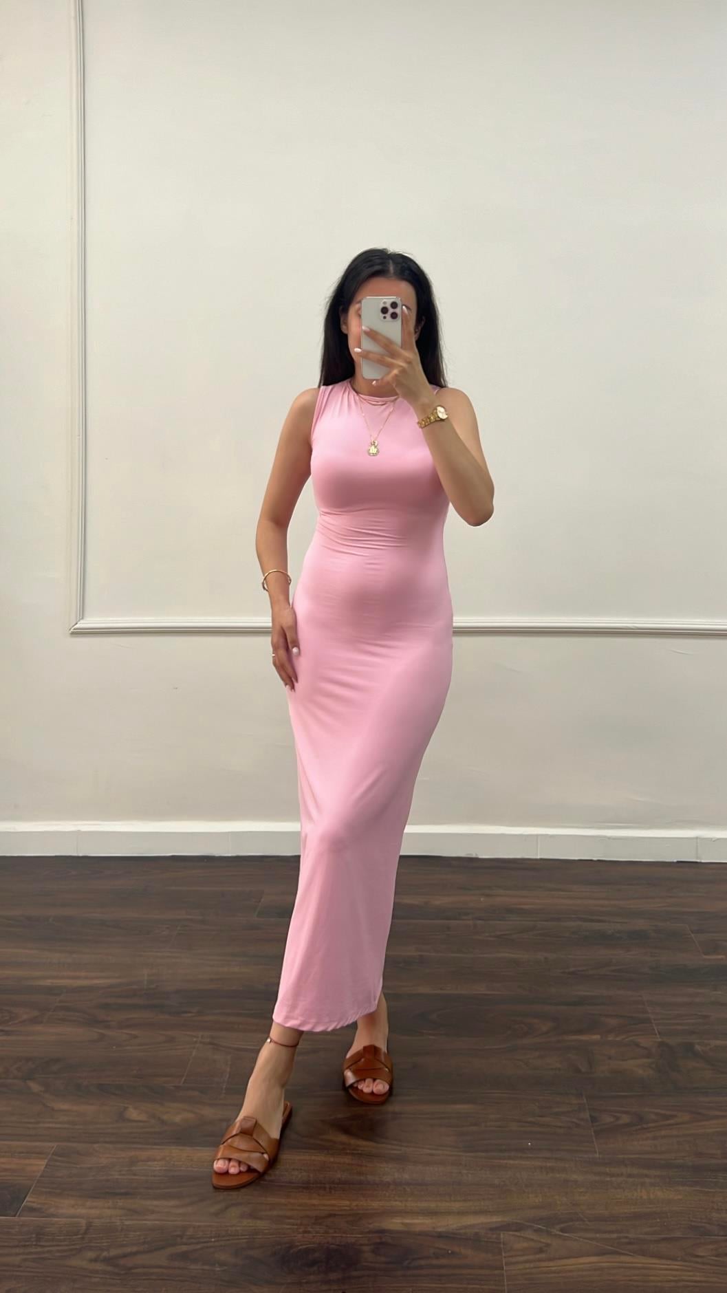 Pembe Soft Touch Sıfır Kol Maxi Elbise