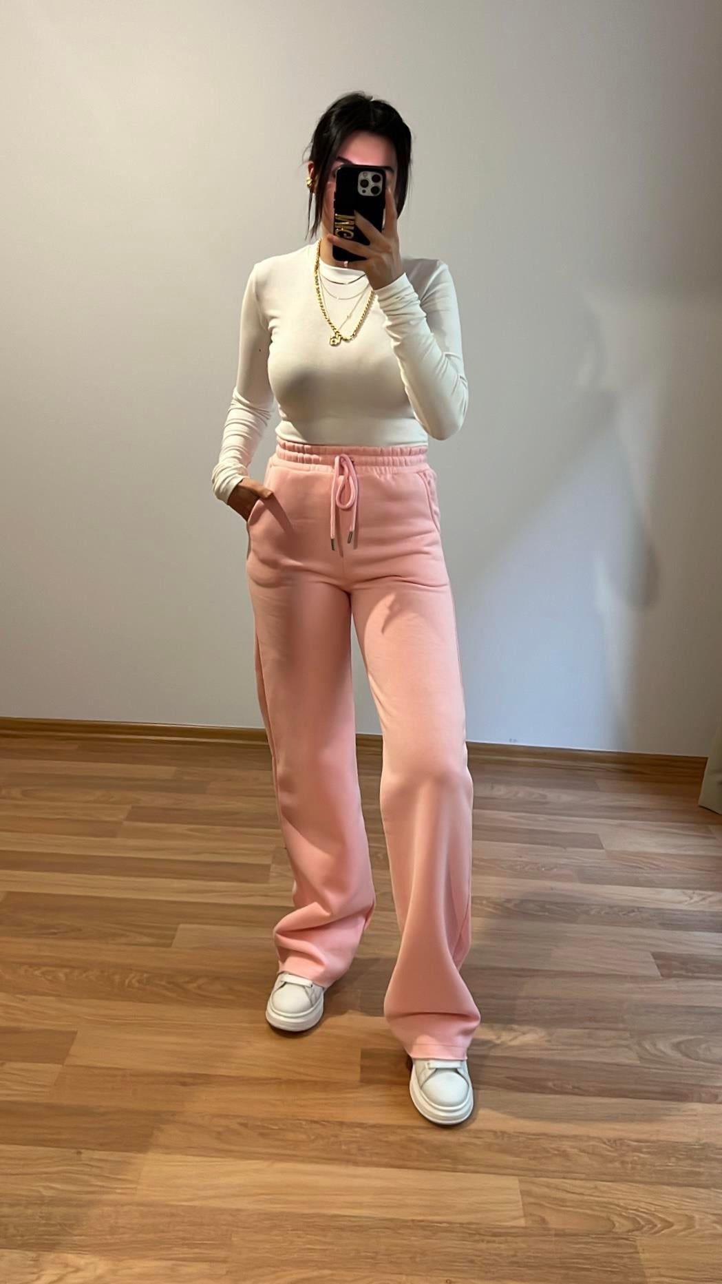 PEMBE ÜÇ İPLİK ŞARDONLU PALAZZO PANTOLON