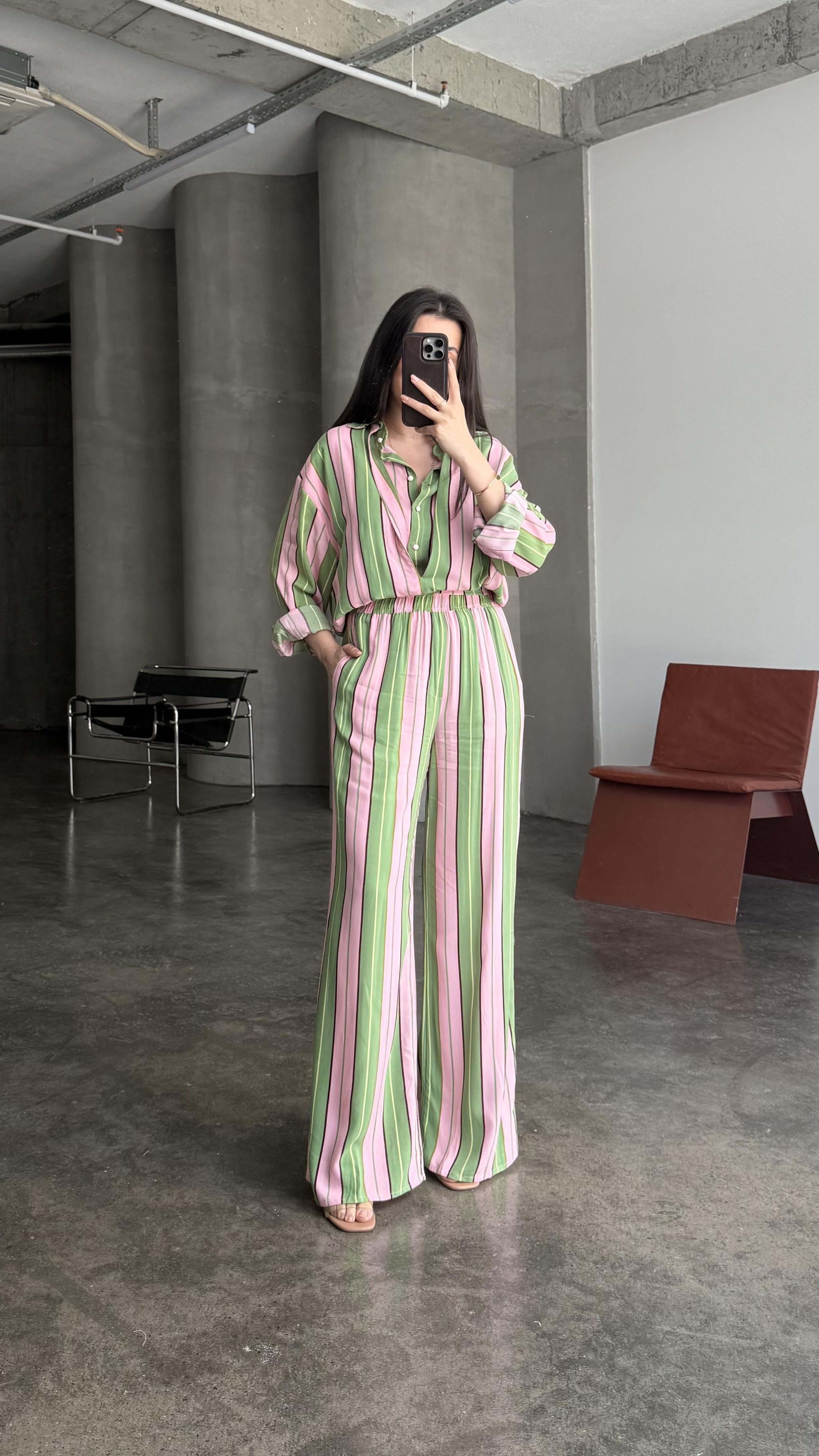 Pembe Yeşil Çizgili Pamuklu Gömlek Palazzo Takım