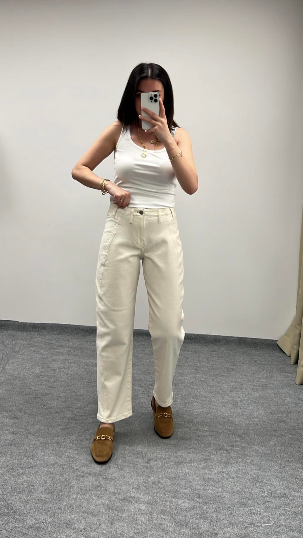 Pılcro Bej Orta Bel Mom Fit Jean