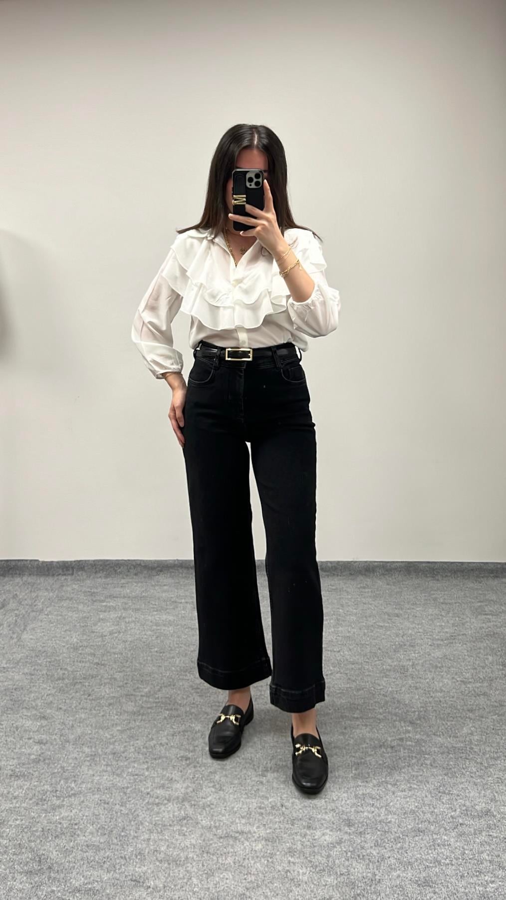 Pılro Siyah Yüksek Bel Wide Leg Crop Jean