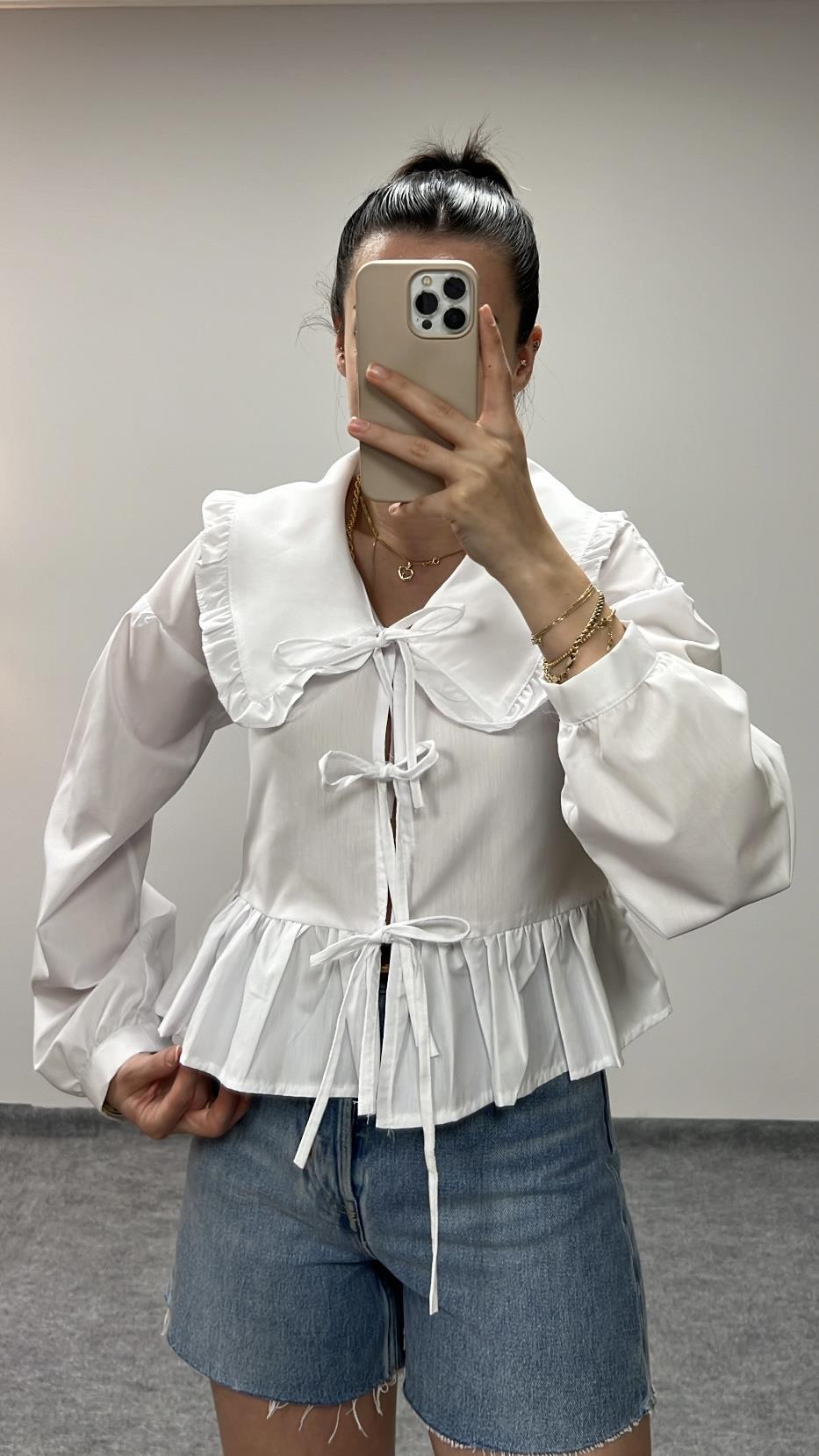 PİNTO BEYAZ BEBE YAKA FİYONK POPLİN GÖMLEK