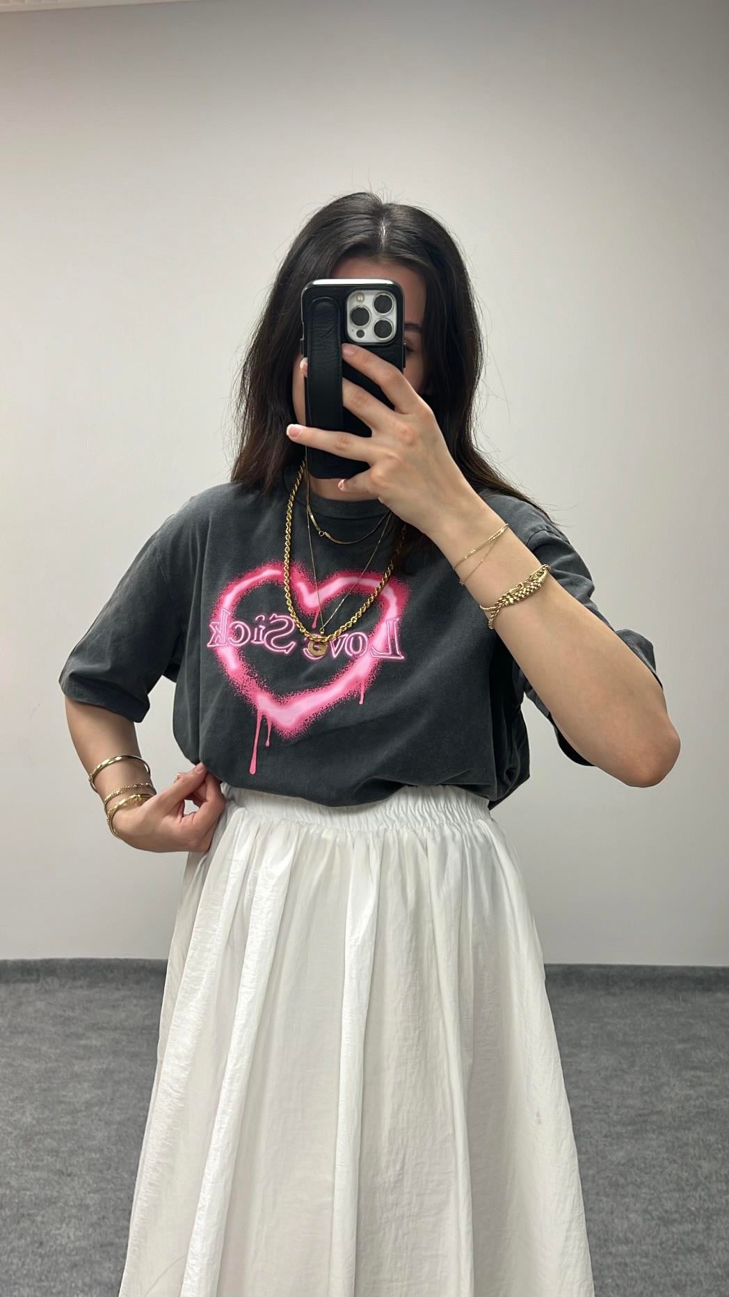 Prıv Yıkamalı Antrasit Love Tişört