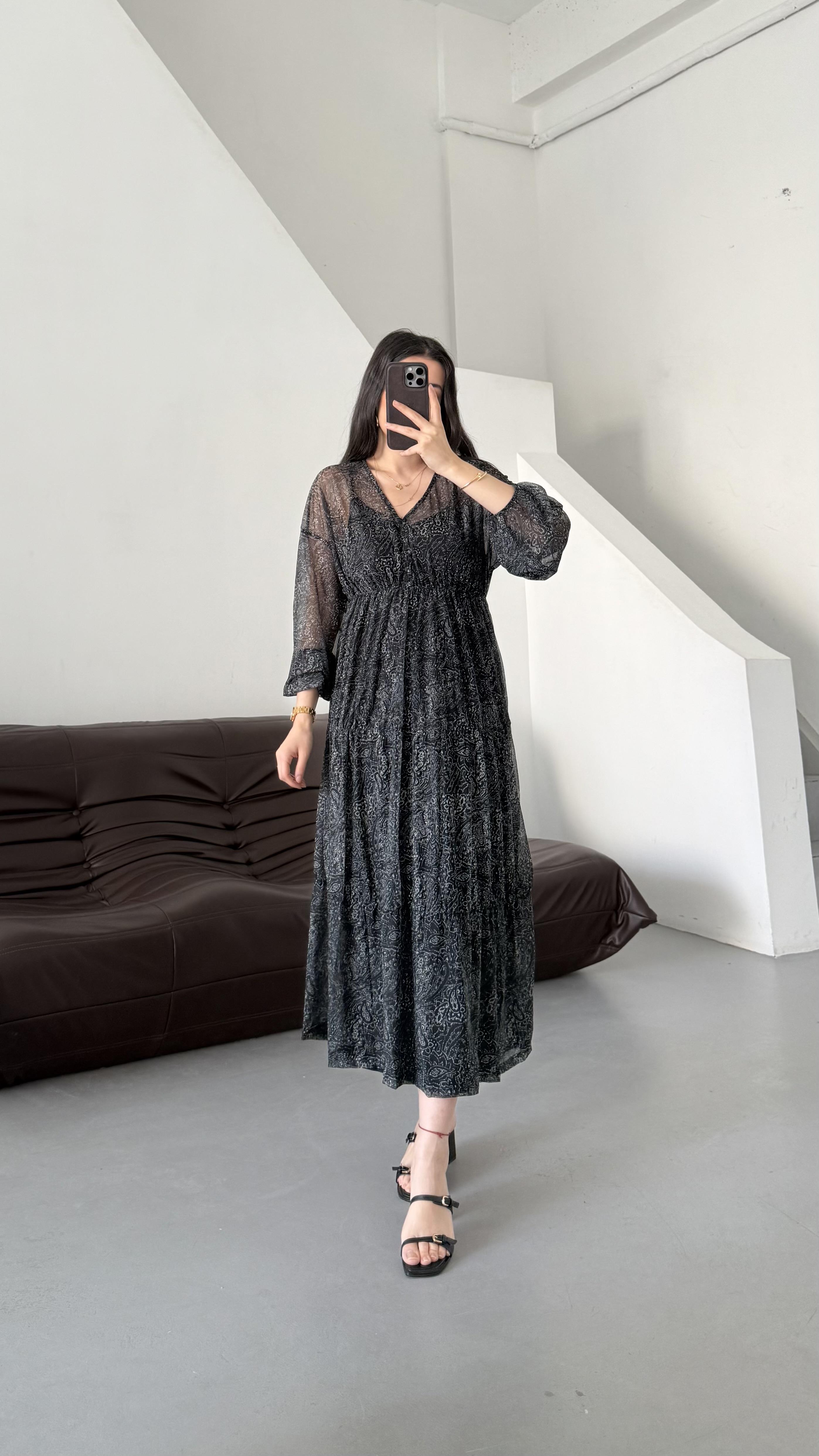 Pub Desenli Astarlı Midi Elbise