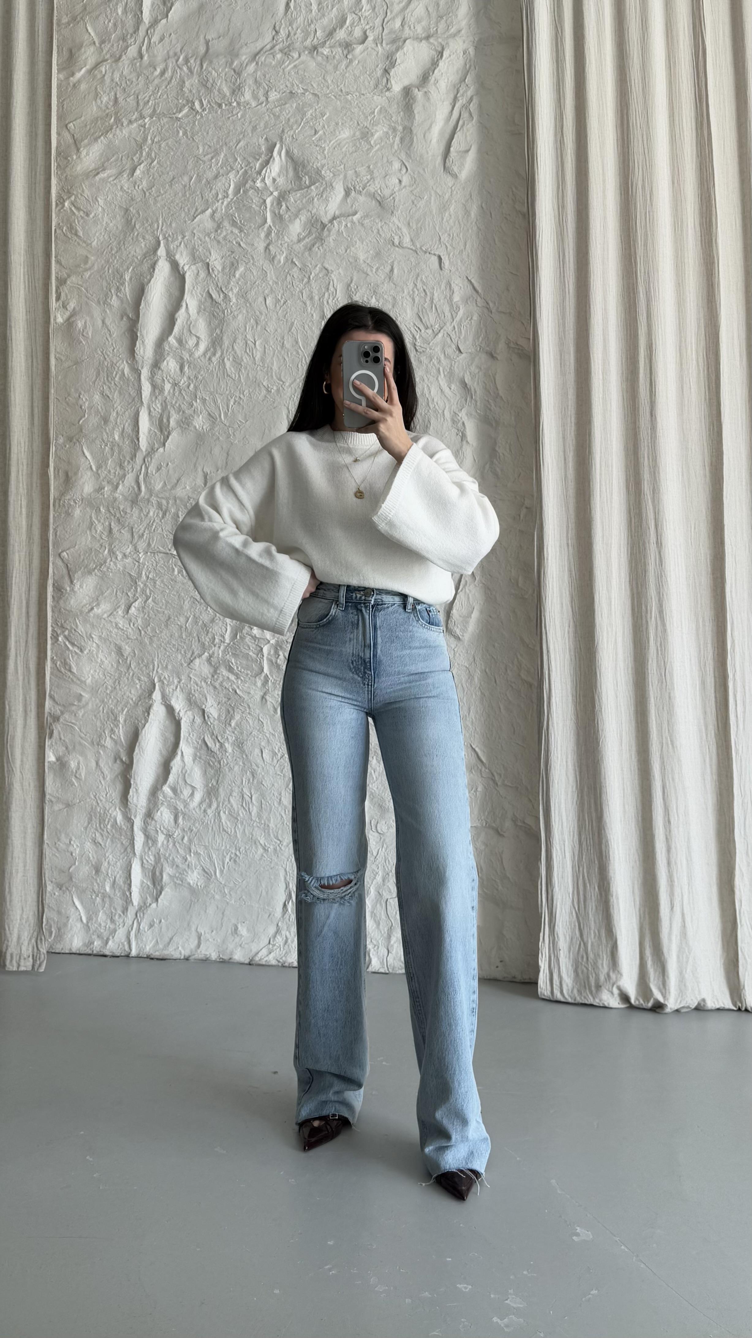 Pub Mavi Yüksek bel Yırtık Detay Wide Leg Jean
