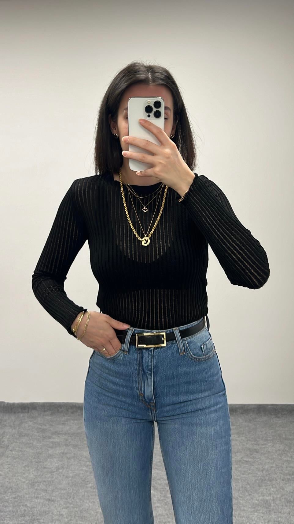 QUB SİYAH TRANSPARAN BLUZ