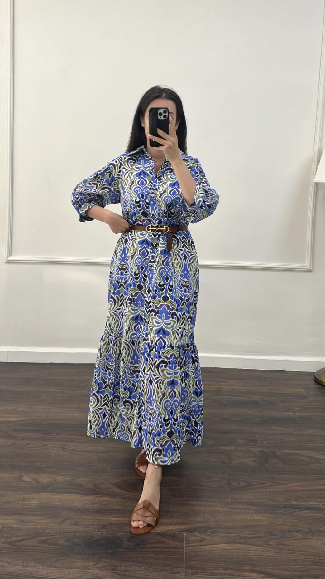 Rever Desenli Fakir Kol Maxi Elbise