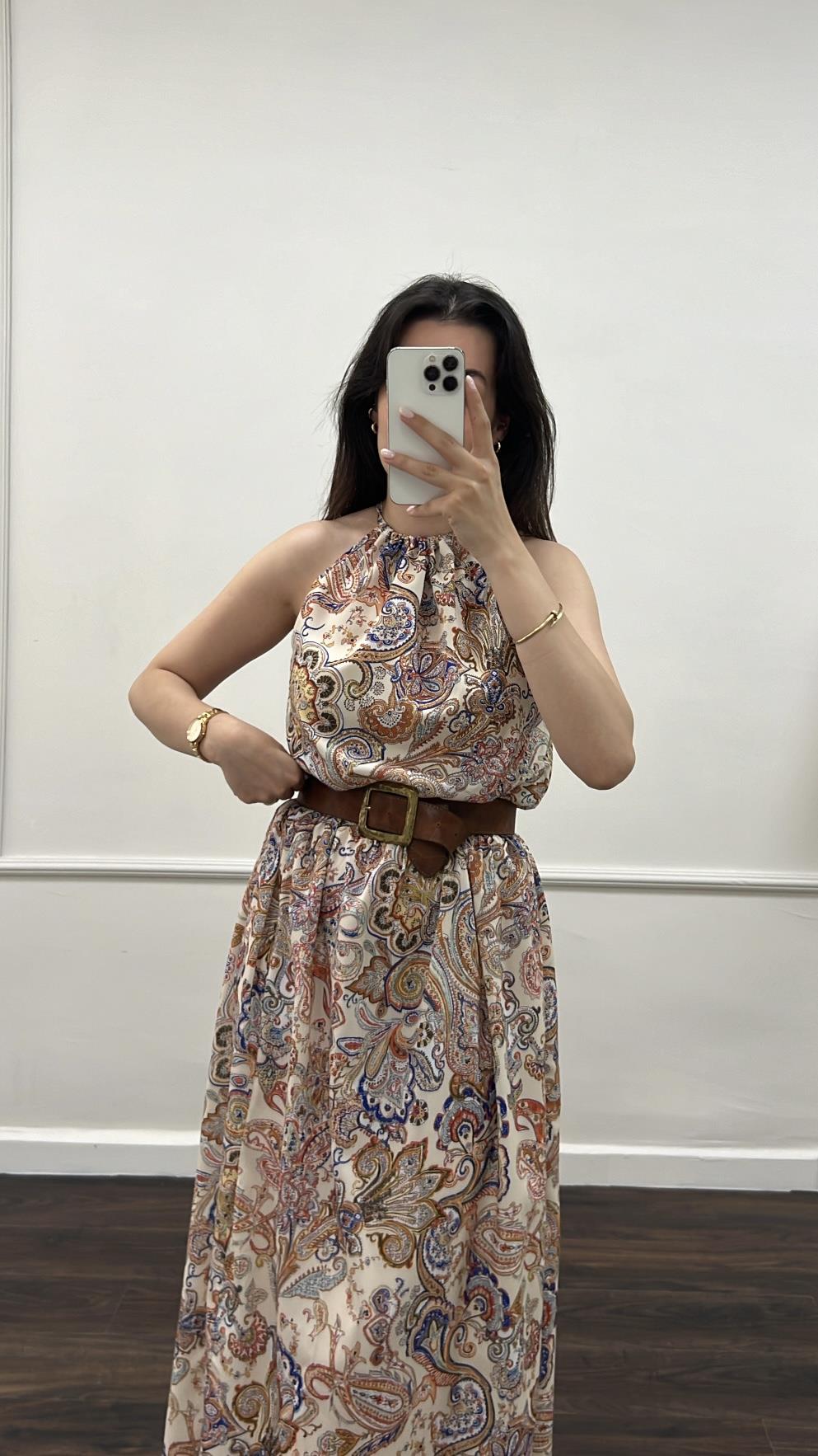 Rever Etnik Desenli Midi Elbise