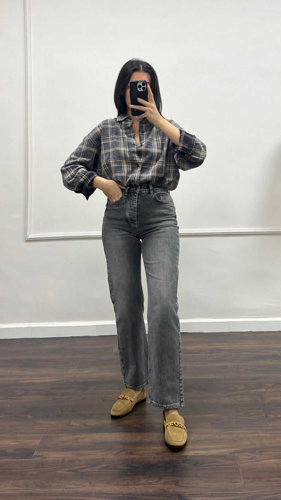 Rever Gri Yüksek Bel Straight Jean