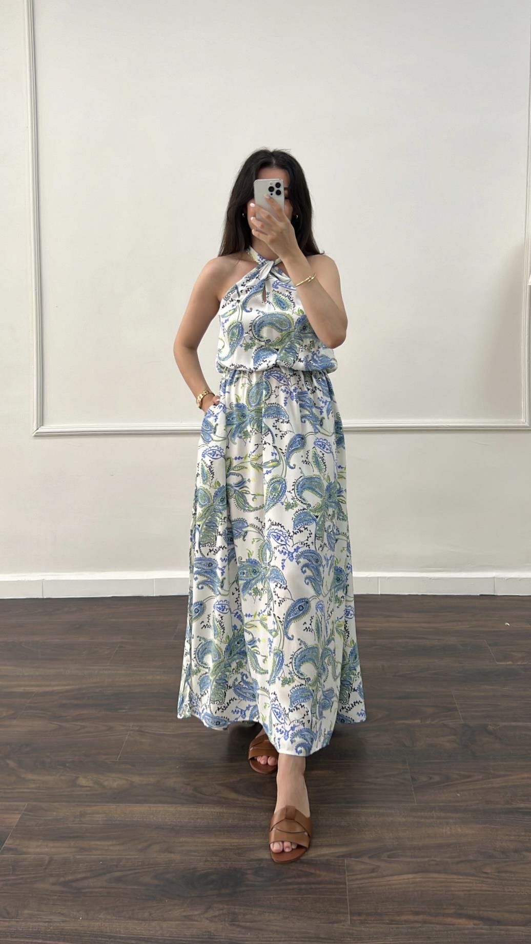 Rever Halter Yaka Mavi Desenli Cepli Elbise