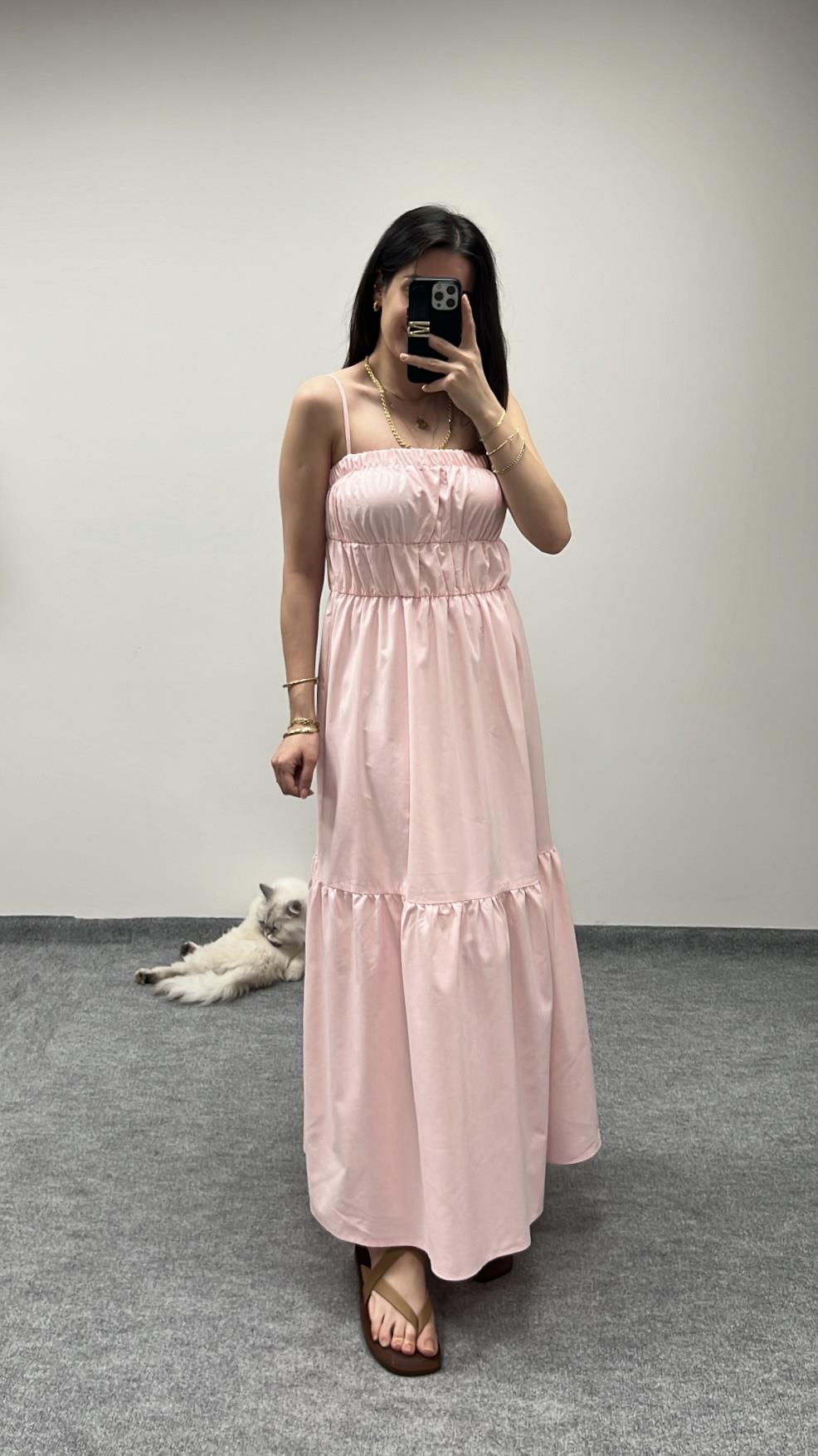 Rever Pembe Poplin İp Askılı Maxi Elbise