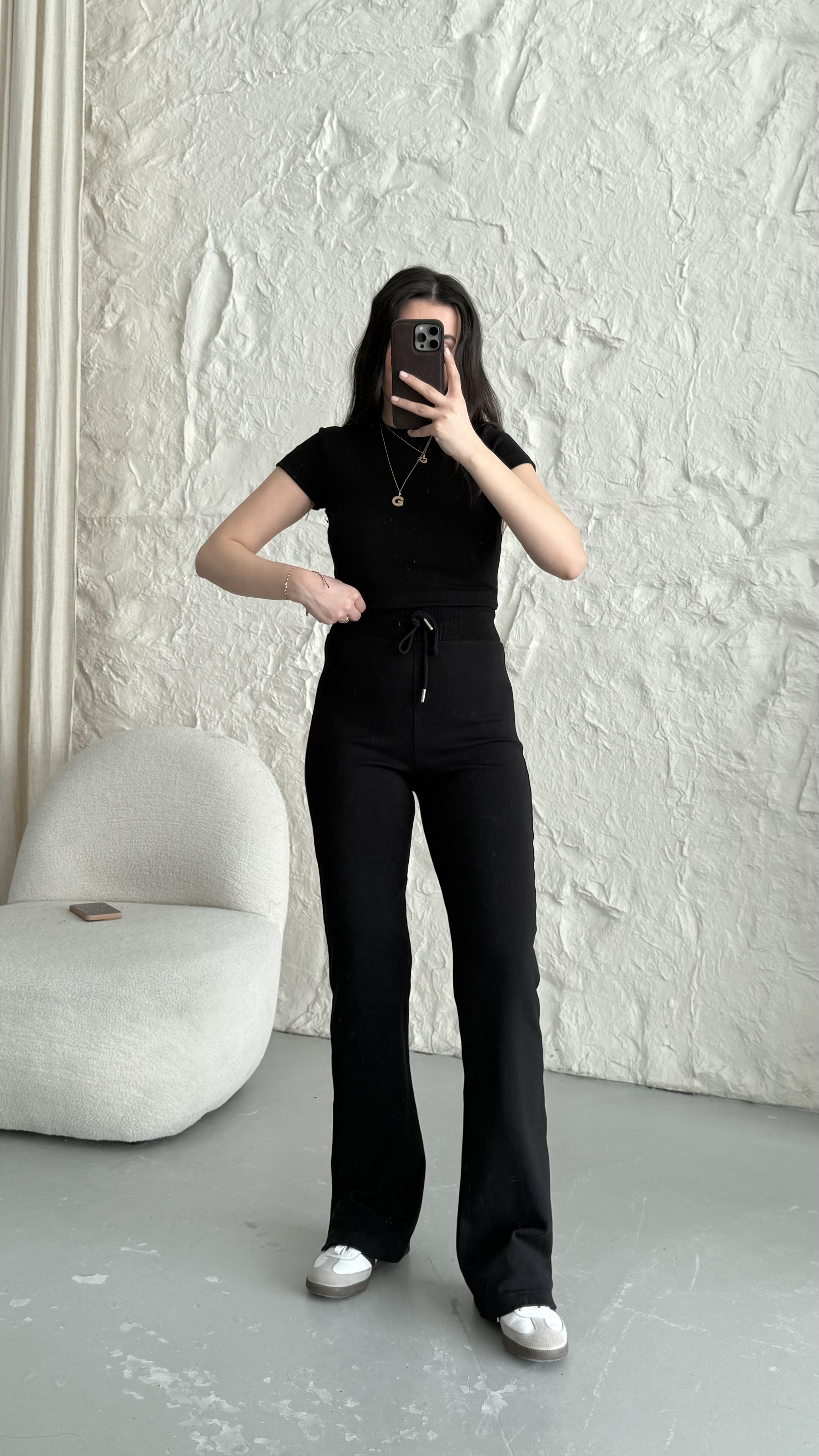 Ribana Siyah Crop Flare Penye Takım