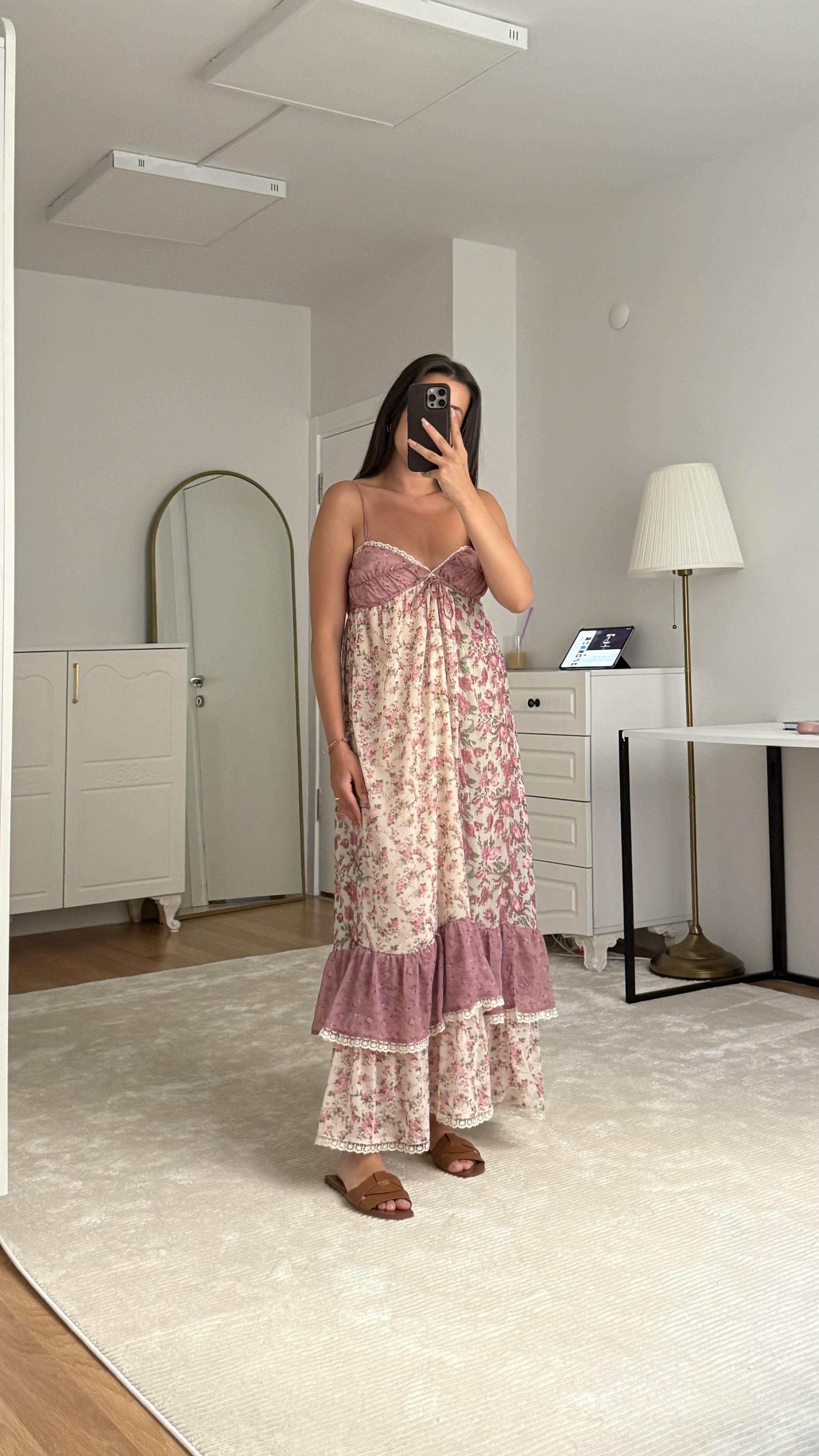 Rose Dantel Detaylı Şifon Elbise