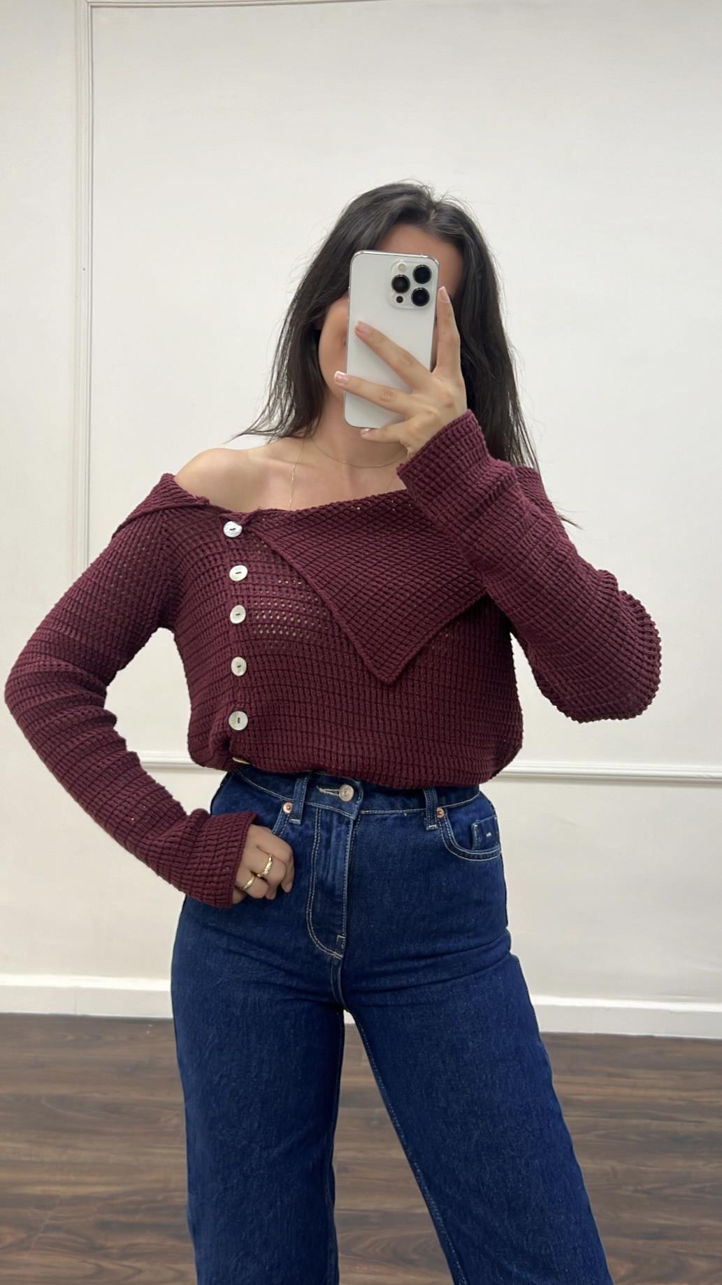 Rustik Bordo Düşük Omuz Triko Bluz