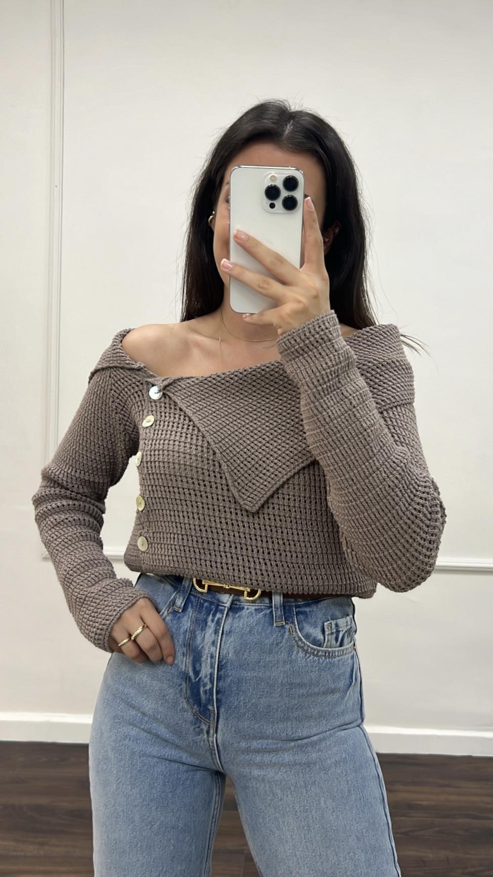 Rustik Vizon Düşük Omuz Triko Bluz