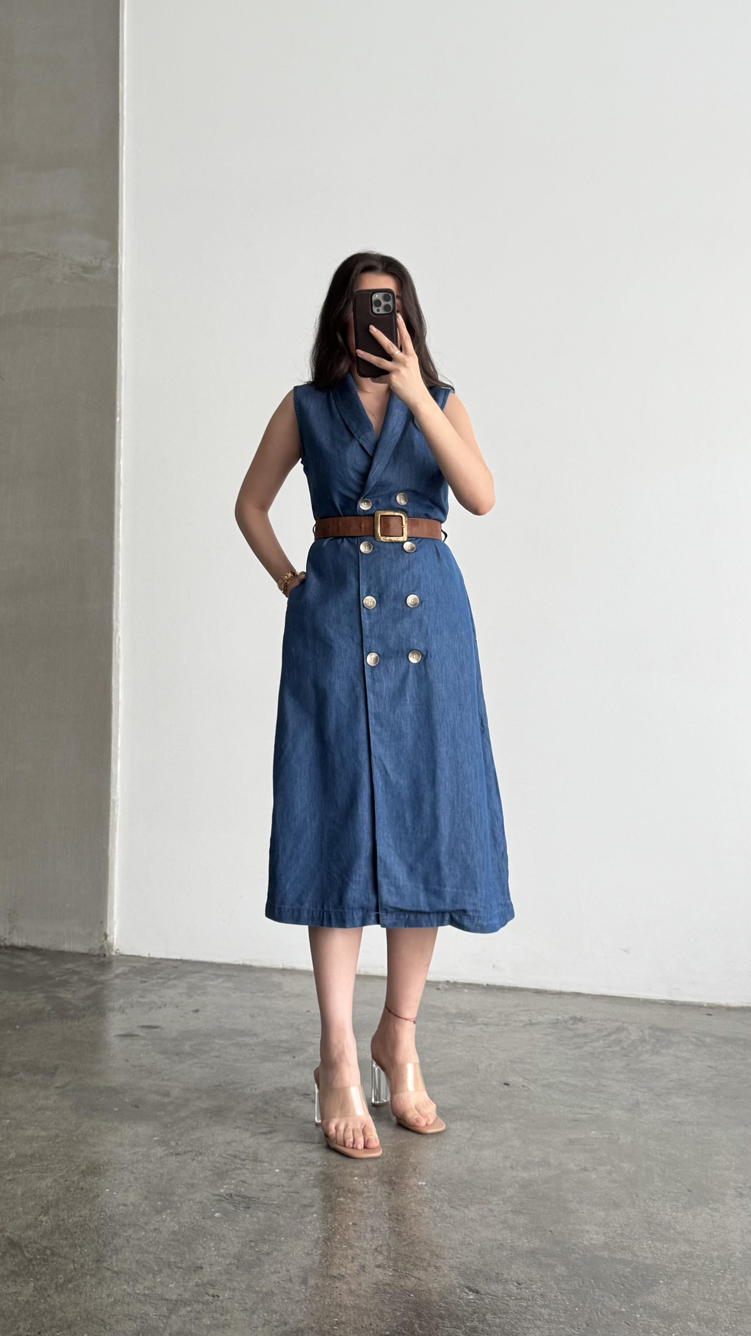 Sant Mevsimlik Denim Düğmeli Elbise