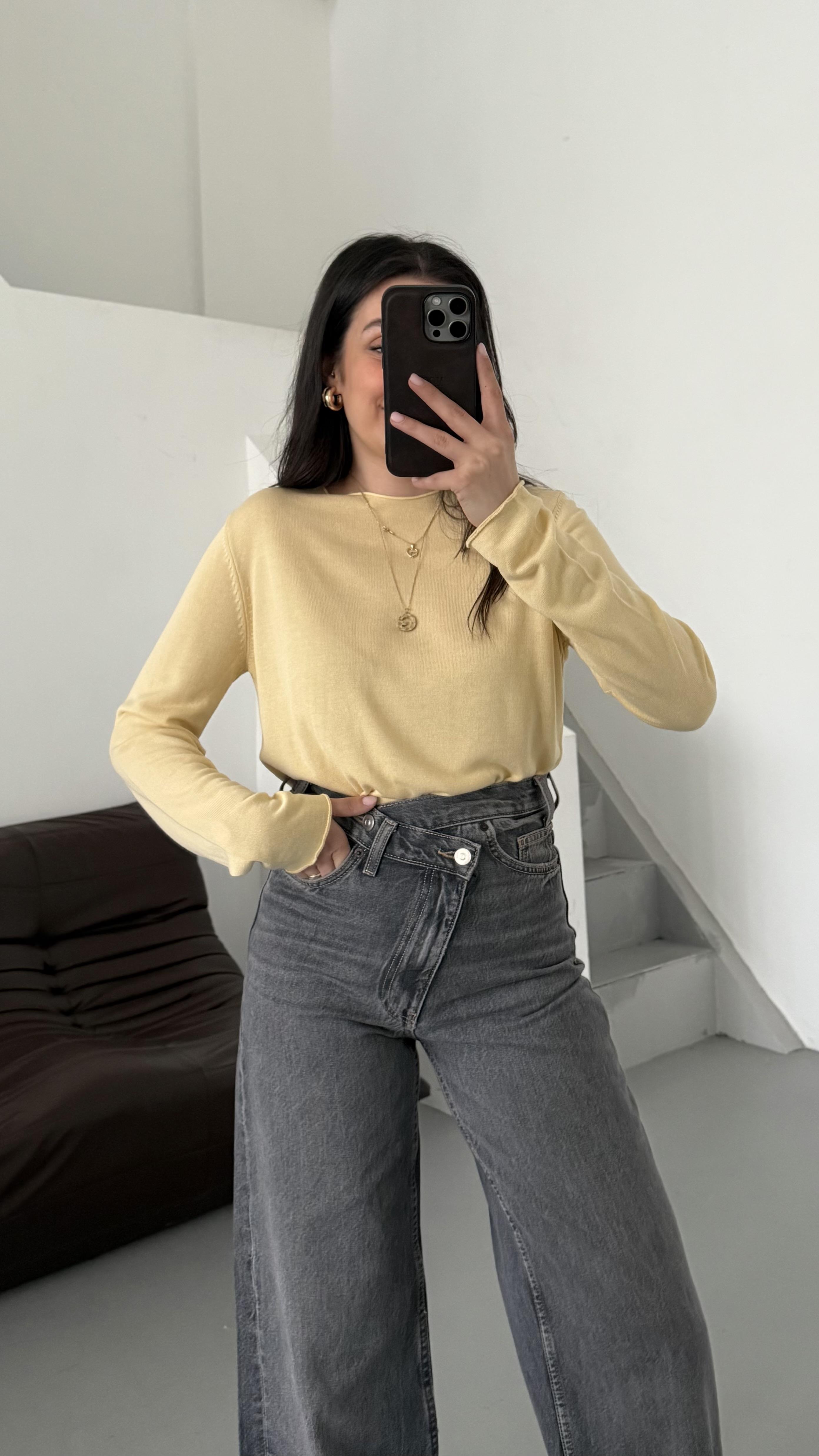 Sarı Viskon Örme Triko Bluz