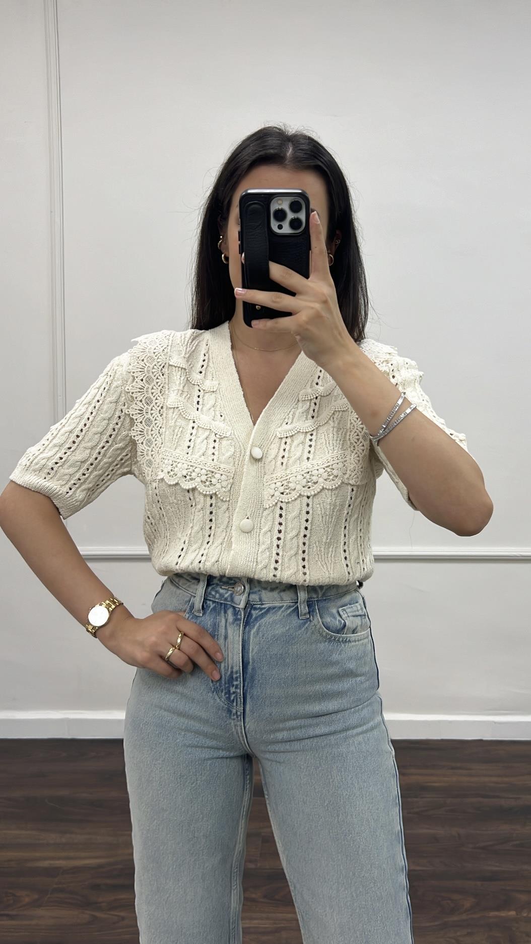 Save Krem Dantel İşlemeli Triko Hırka