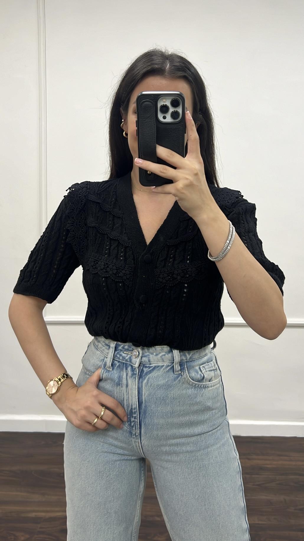 Save Siyah Dantel İşlemeli Triko Hırka