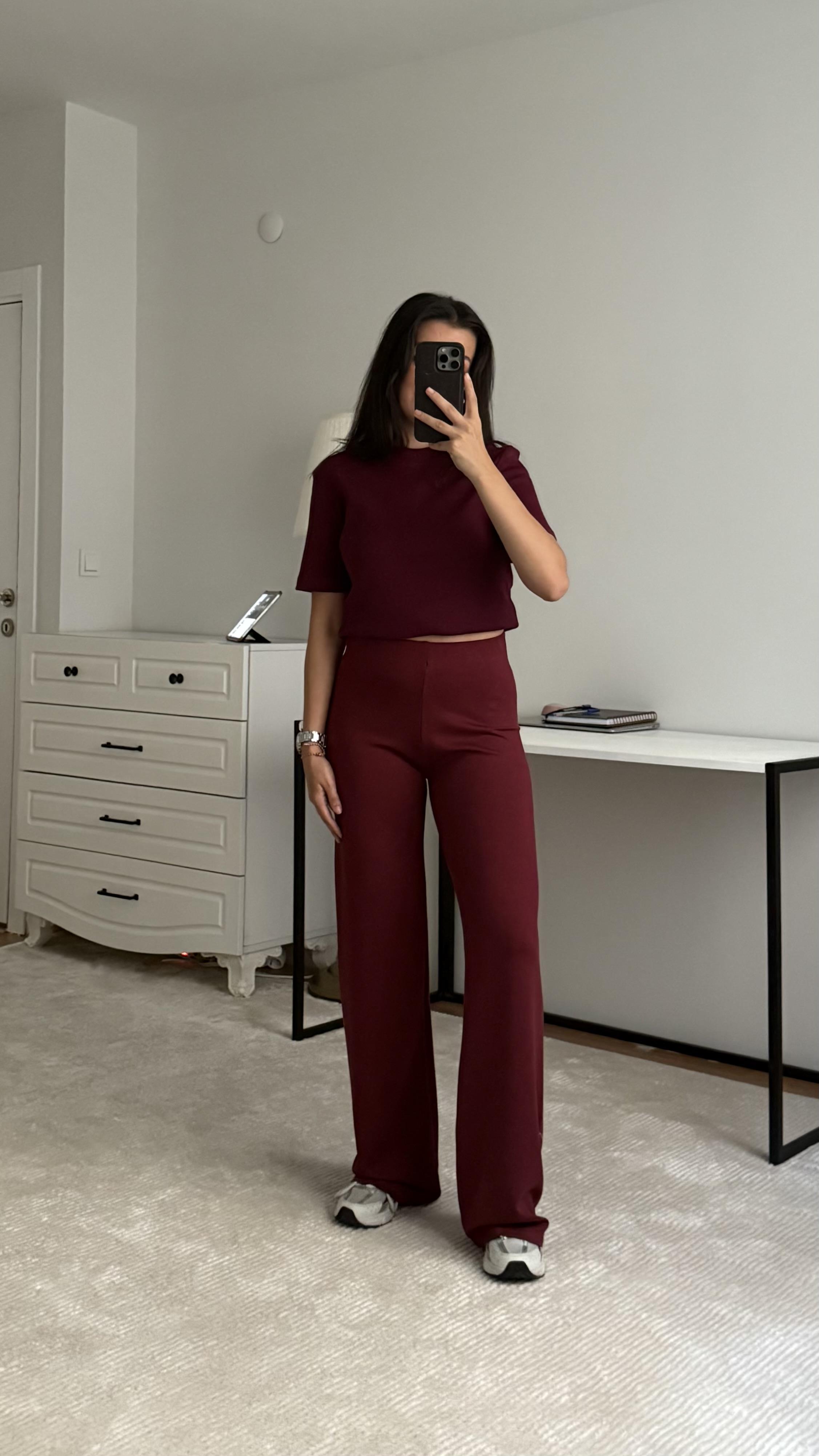Sezon bordo Yüksek Bel Straight Modal Pantolon