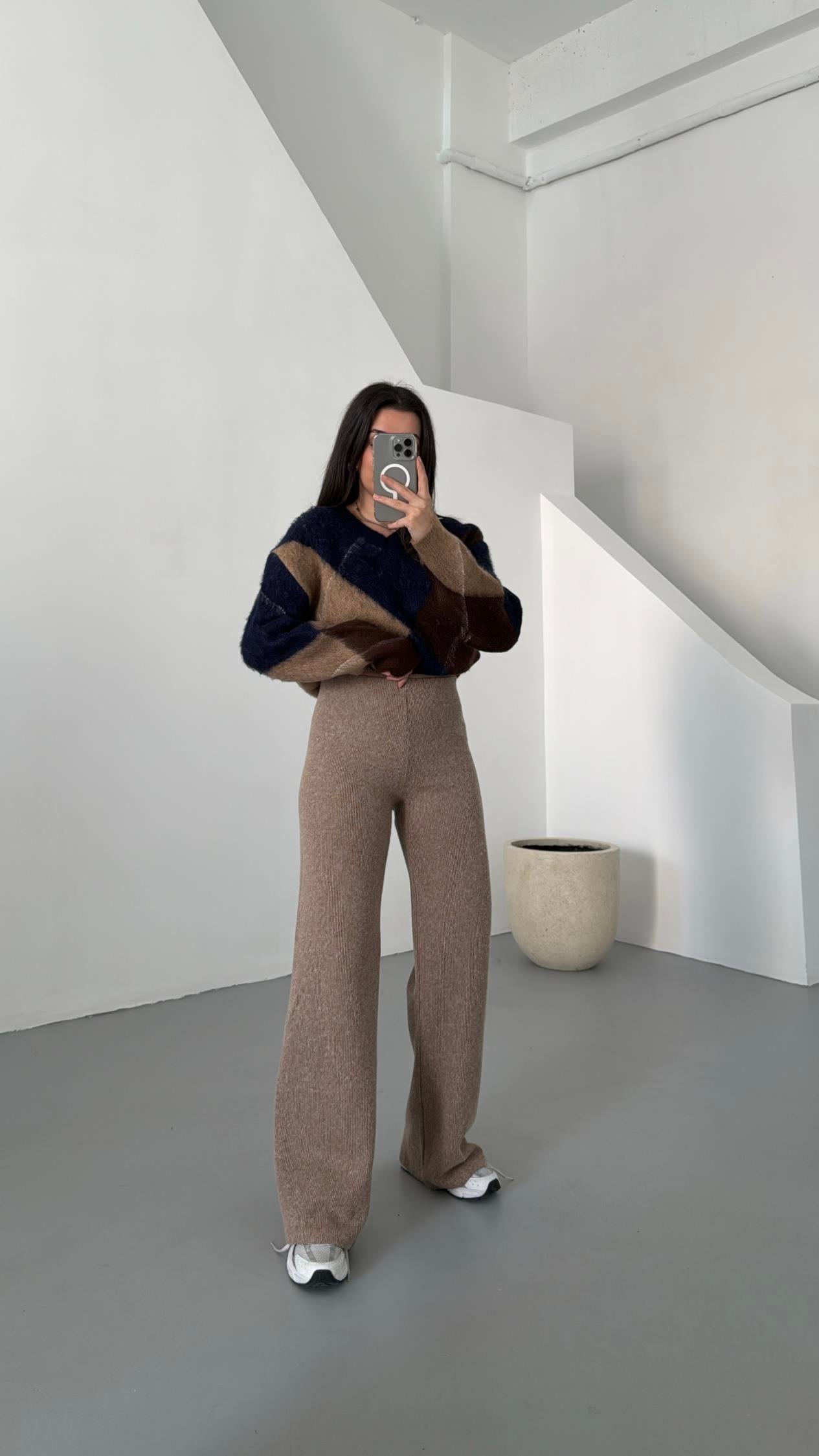 Sezon Camel Dokulu Kendinden Fitilli Örme Pantolon