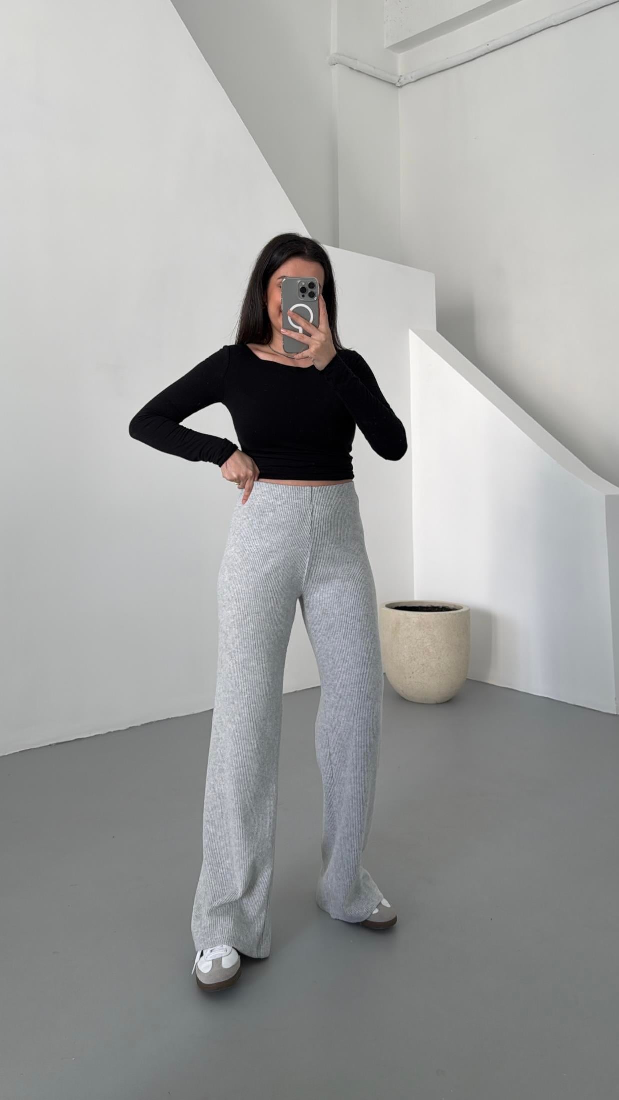 Sezon Gri Dokulu Kendinden Fitilli Örme Pantolon