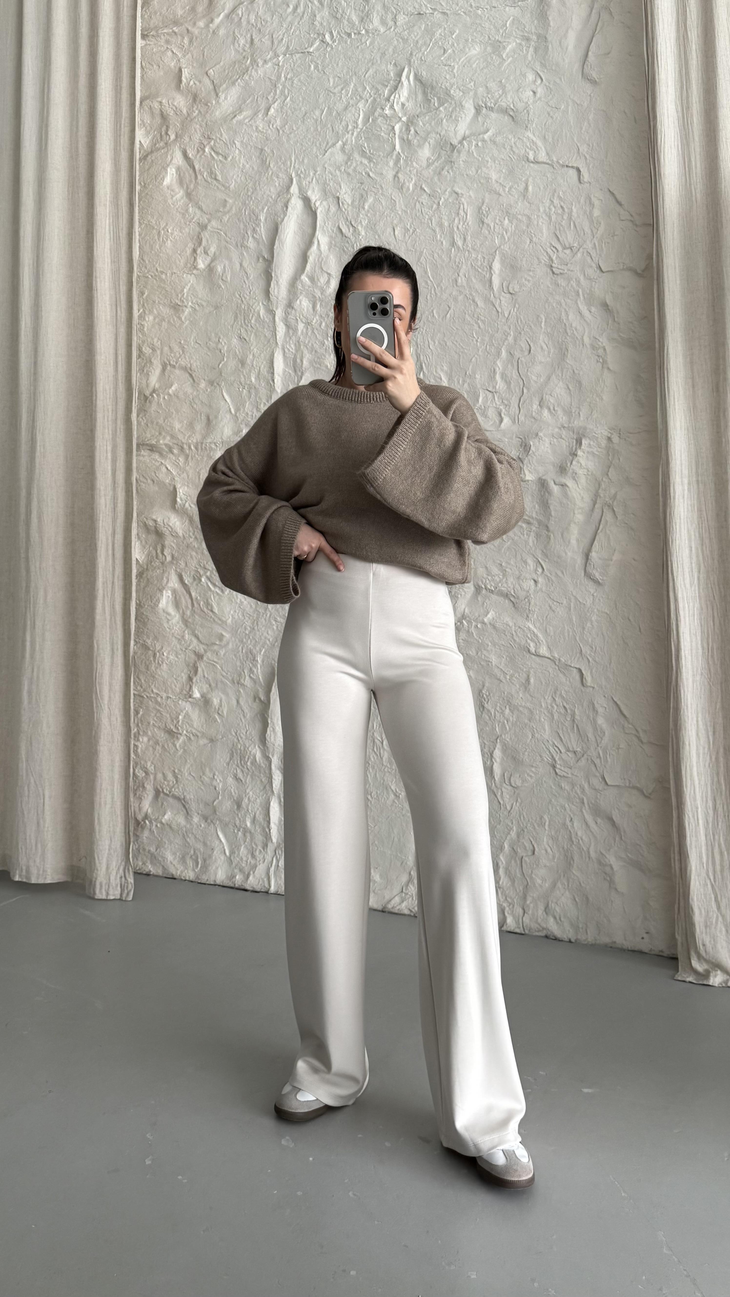 Sezon Krem Yüksek Bel Straight Modal Pantolon