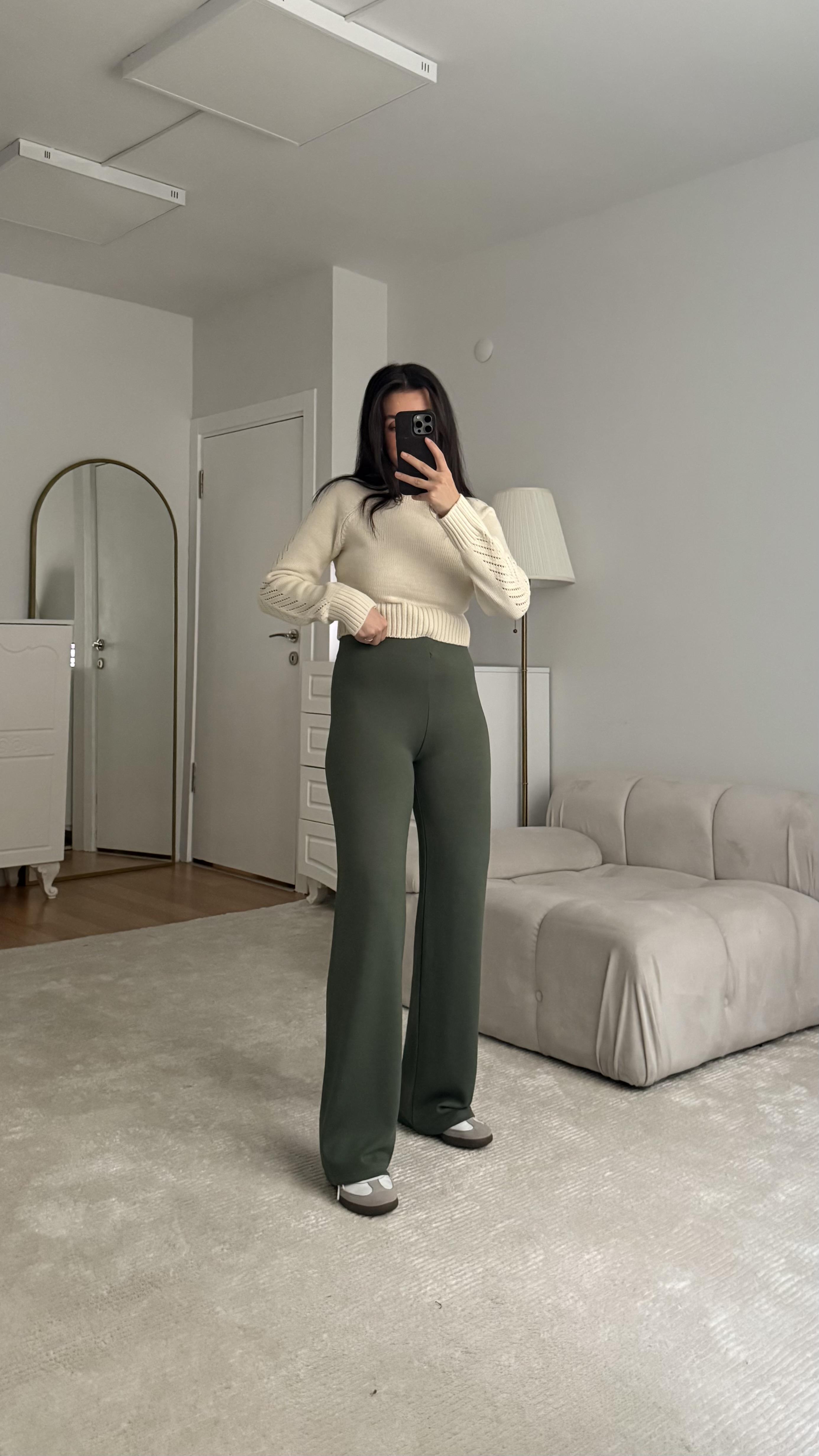 Sezon yeşil Yüksek Bel Straight Modal Pantolon