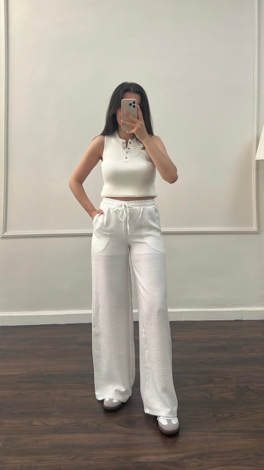 Shopi Beyaz Keten Pantolon