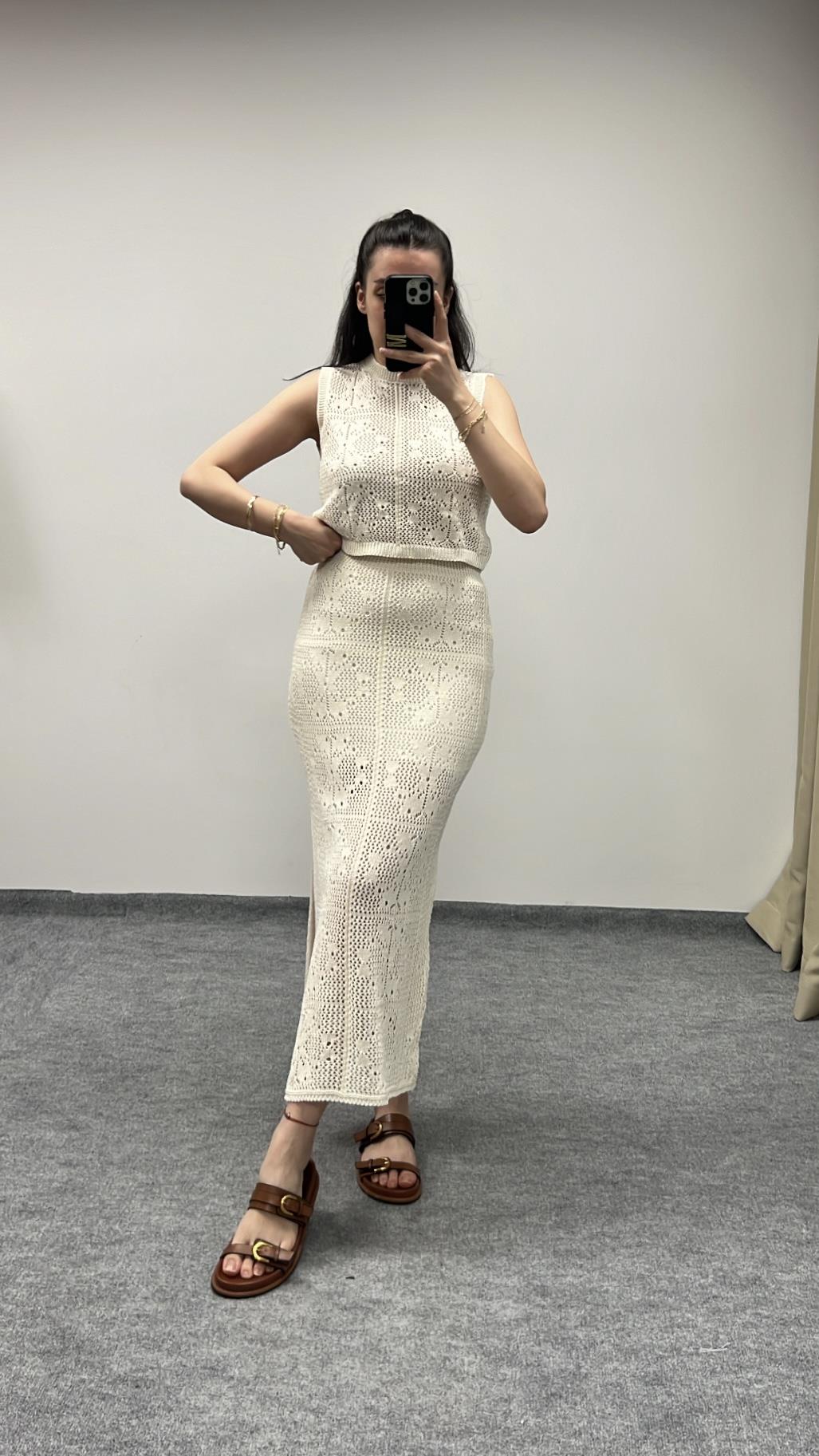 Şina Bej Örme Crop Etek Takım