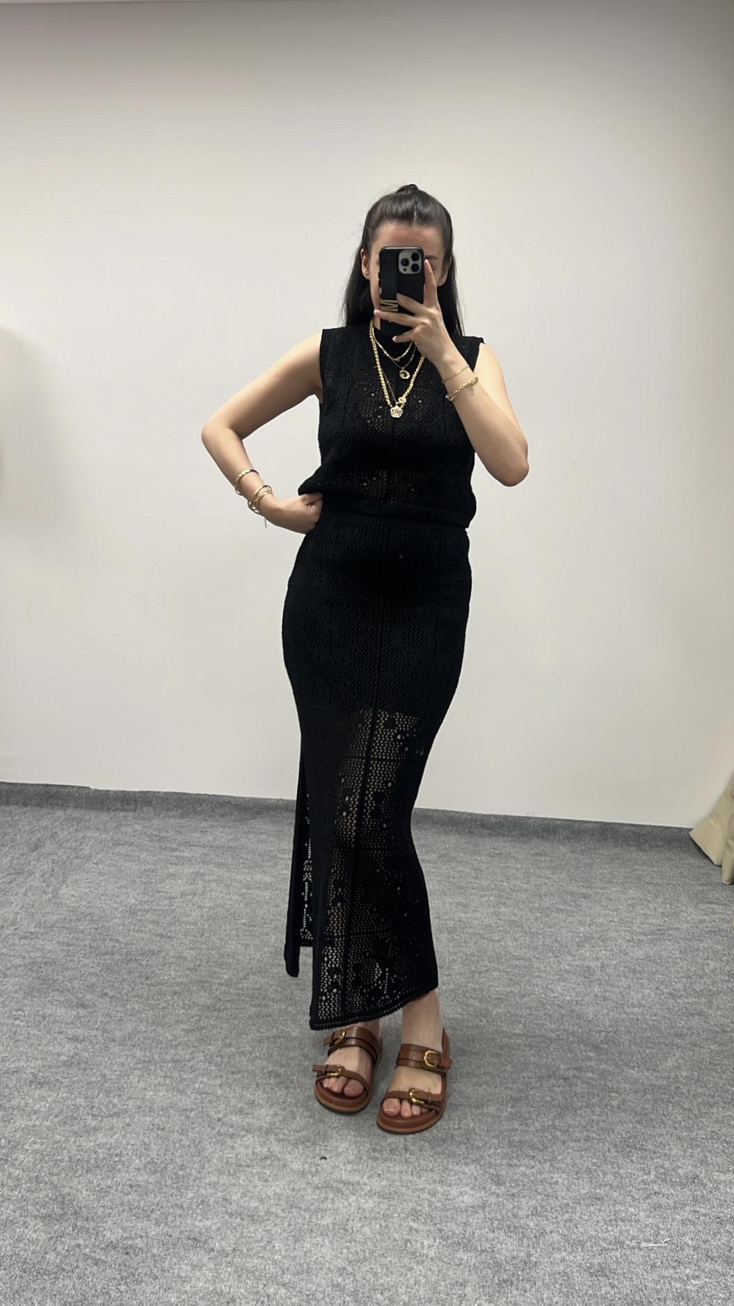 Şina Siyah Örme Crop Etek Takım