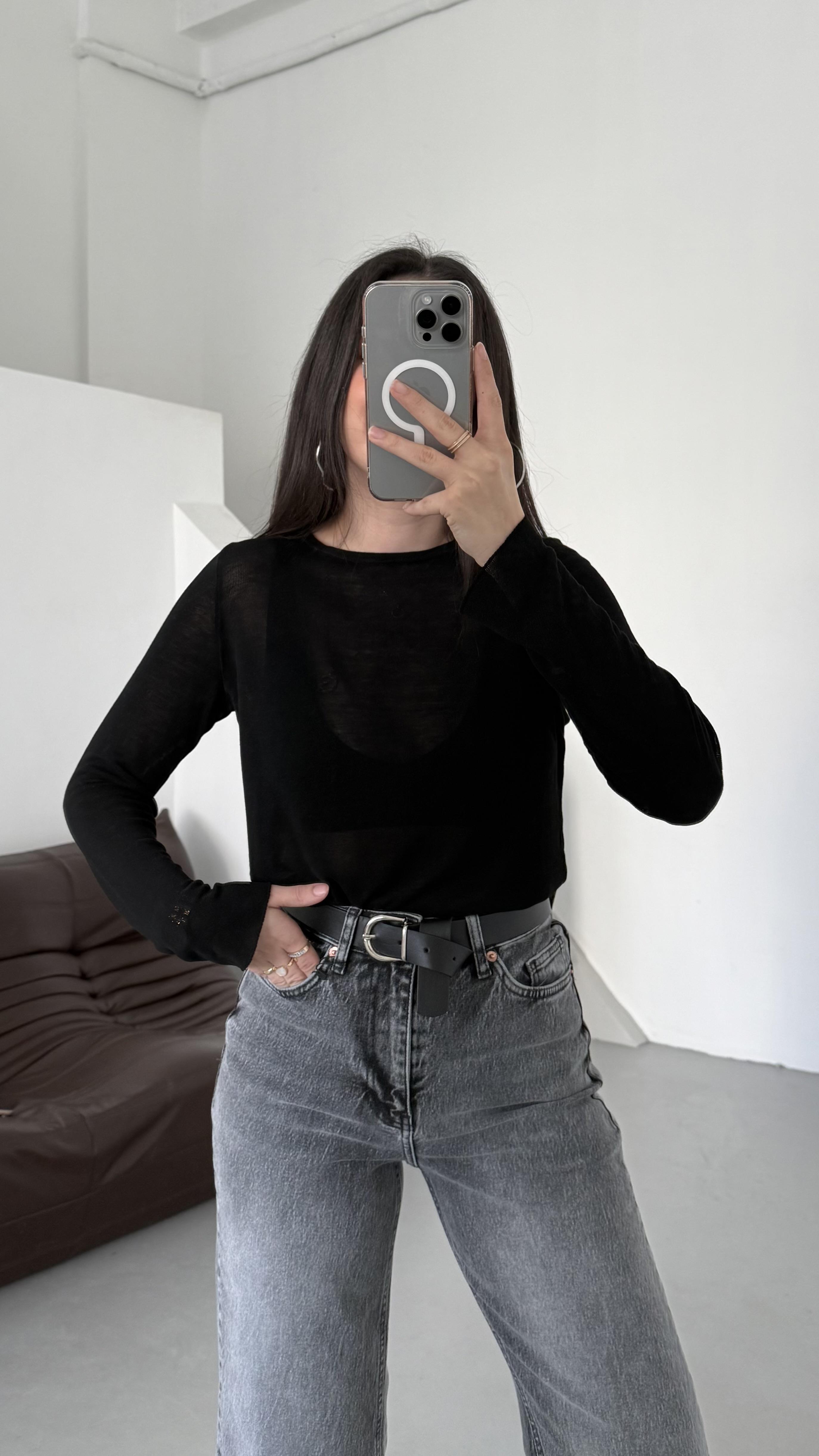 Siyah Bisiklet Yaka Transparan Uzun Kollu Triko