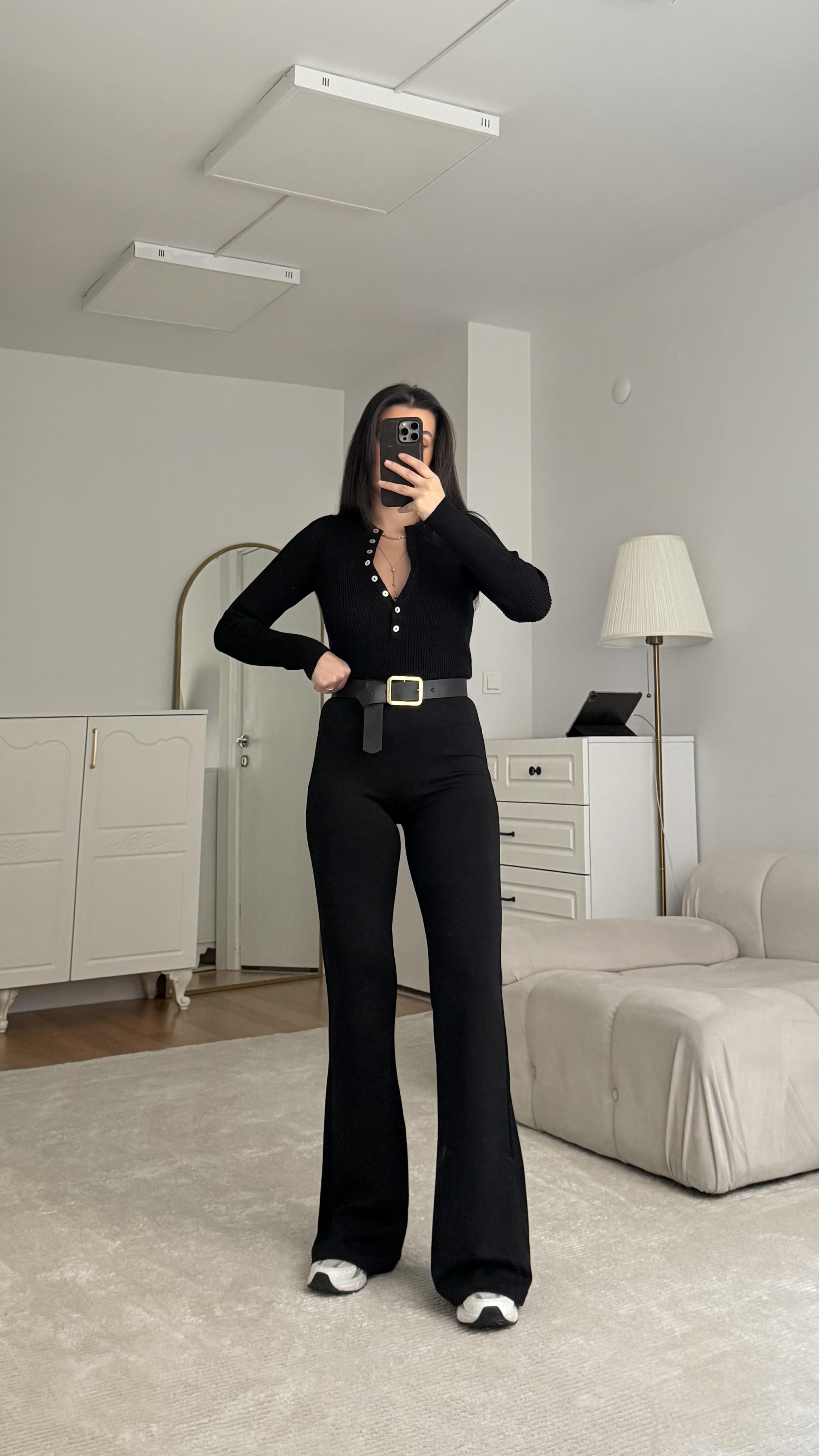 Siyah Çelik Örme Wide Leg Tayt Pantolon