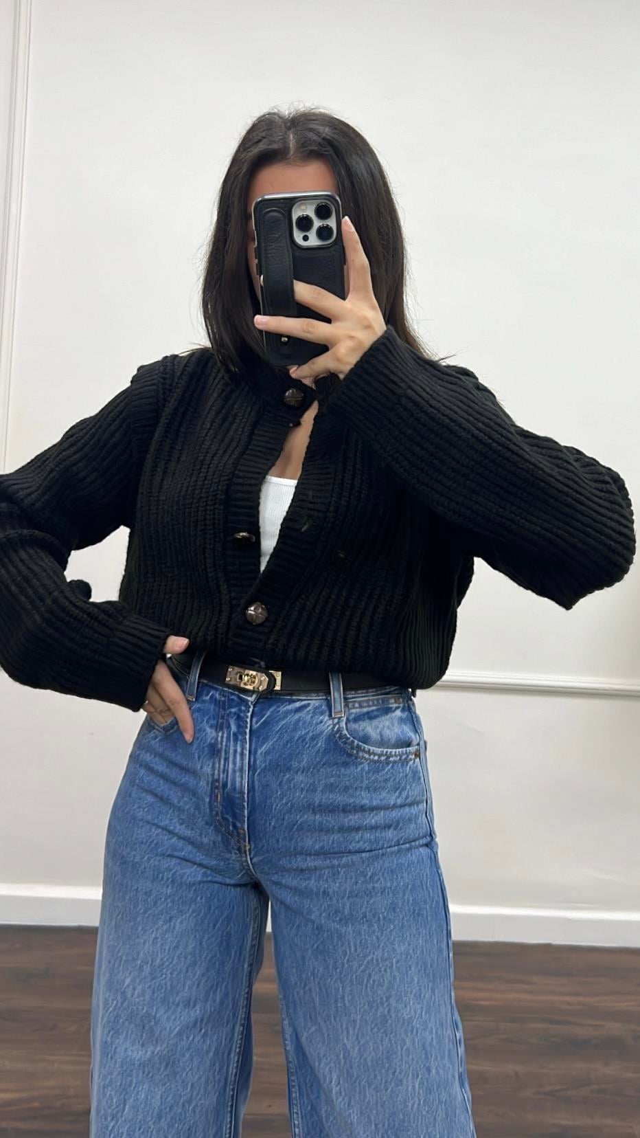 Siyah Daddy Düğme Detay Triko Hırka