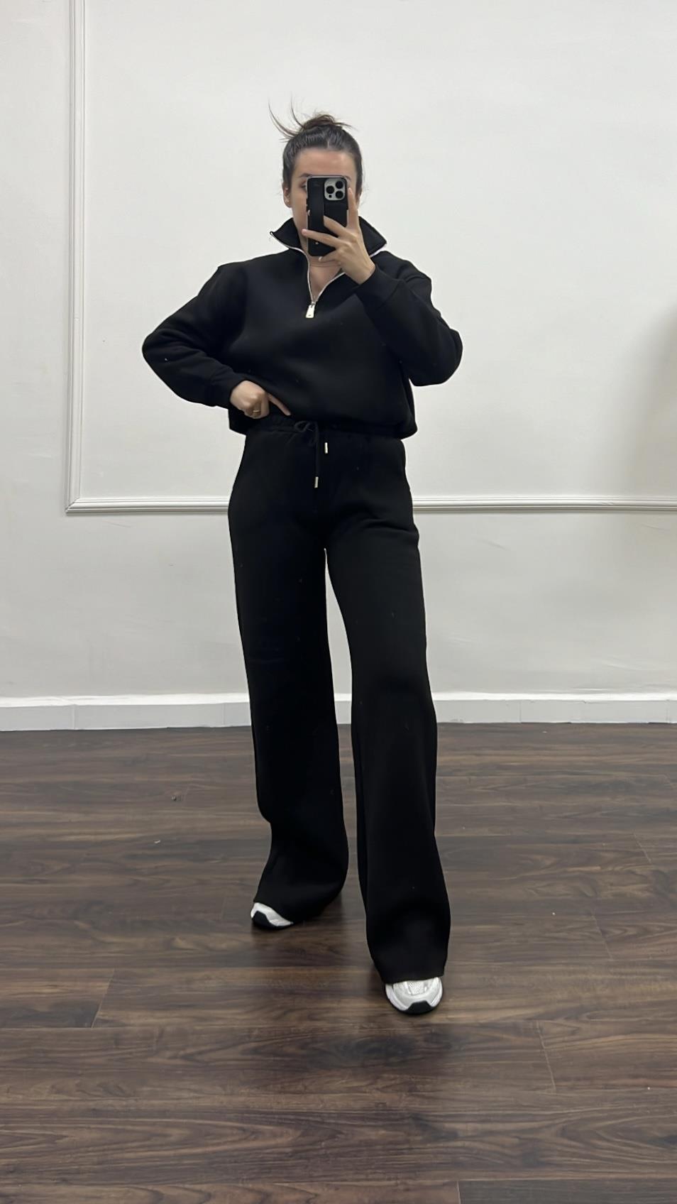 Siyah Dik Yaka Sweatshirt Palazzo Pamuklu Takım