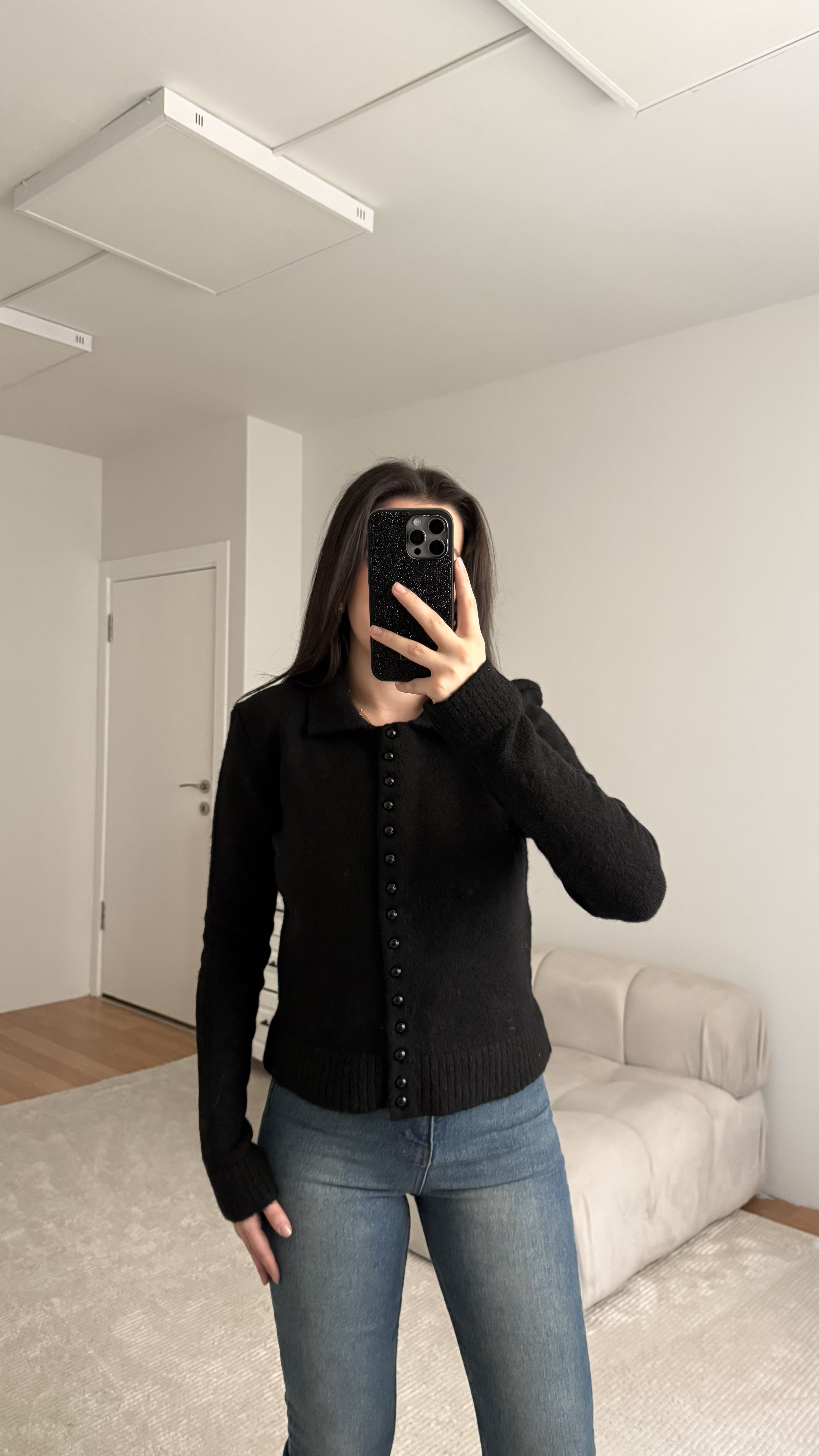 Siyah Düğmeli Polo Yaka Triko Hırka