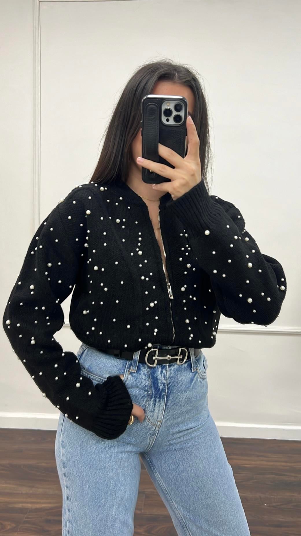 Siyah İnci Detay İşlemeli Triko Bomber Ceket