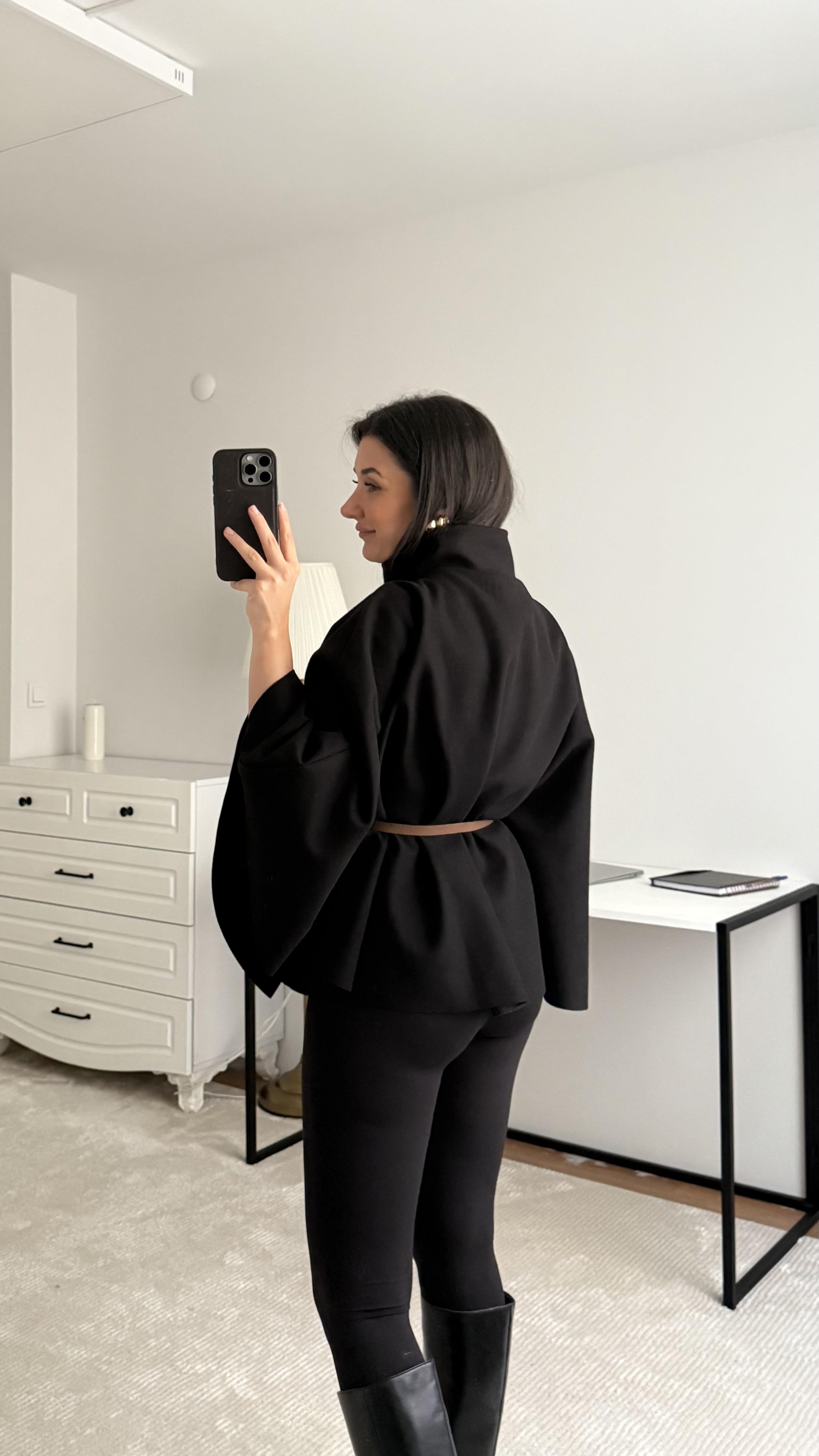 Siyah Kemerli Yarasa Kol Triko Panço