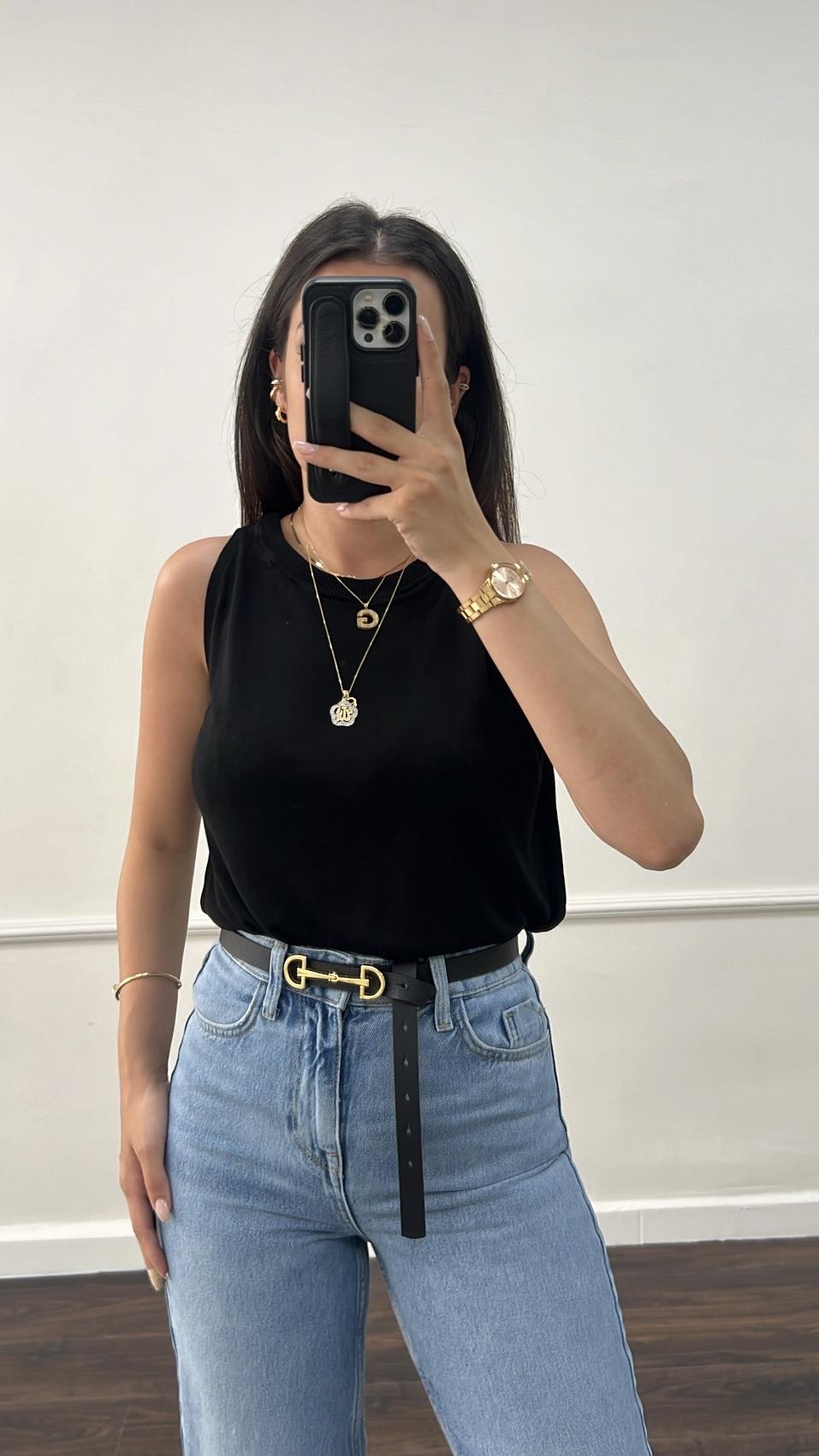 Siyah Örme %100 Viskon Halter Yaka Triko Bluz