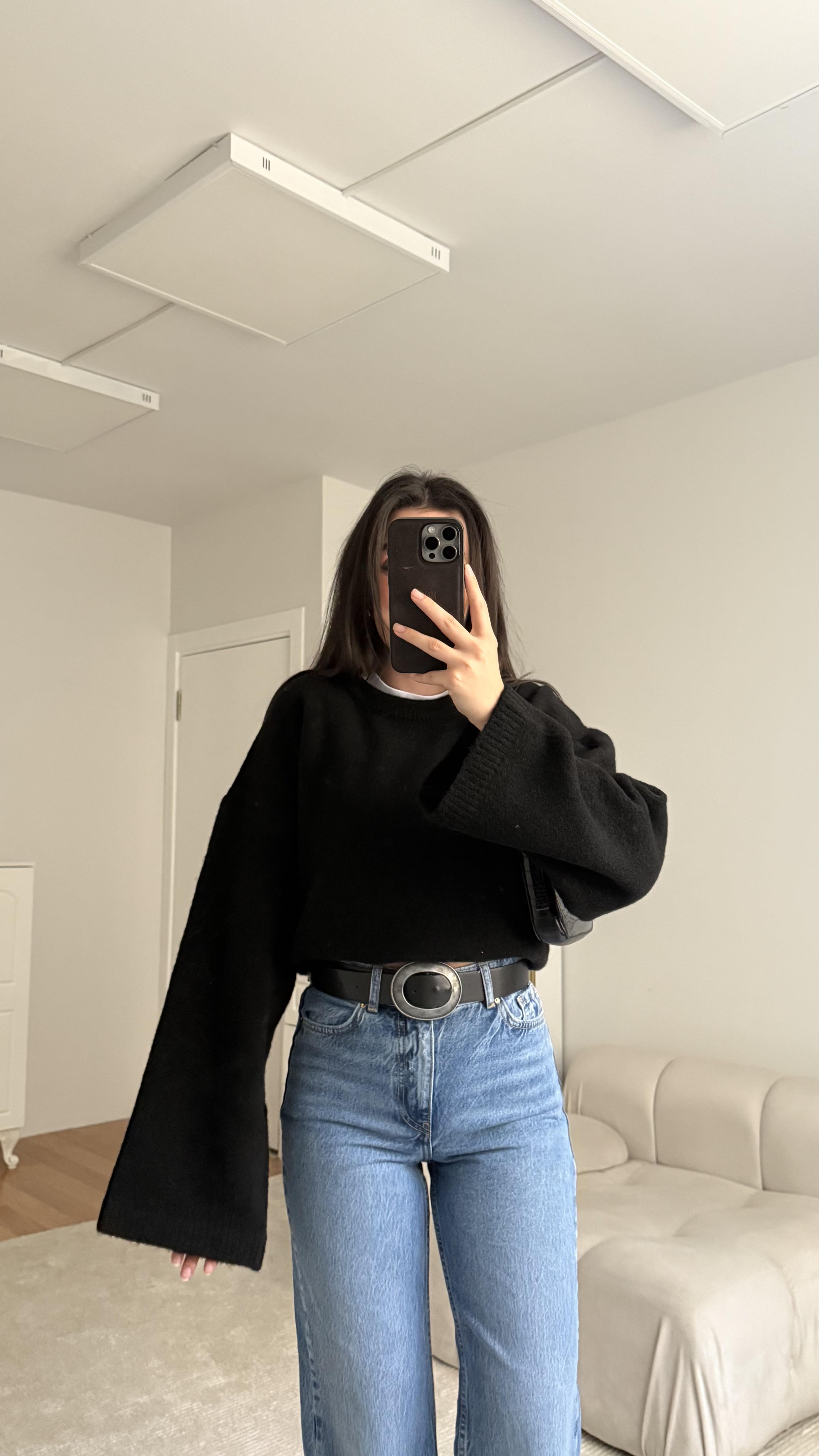 Siyah Oversize İspanyol Kol Triko Kazak