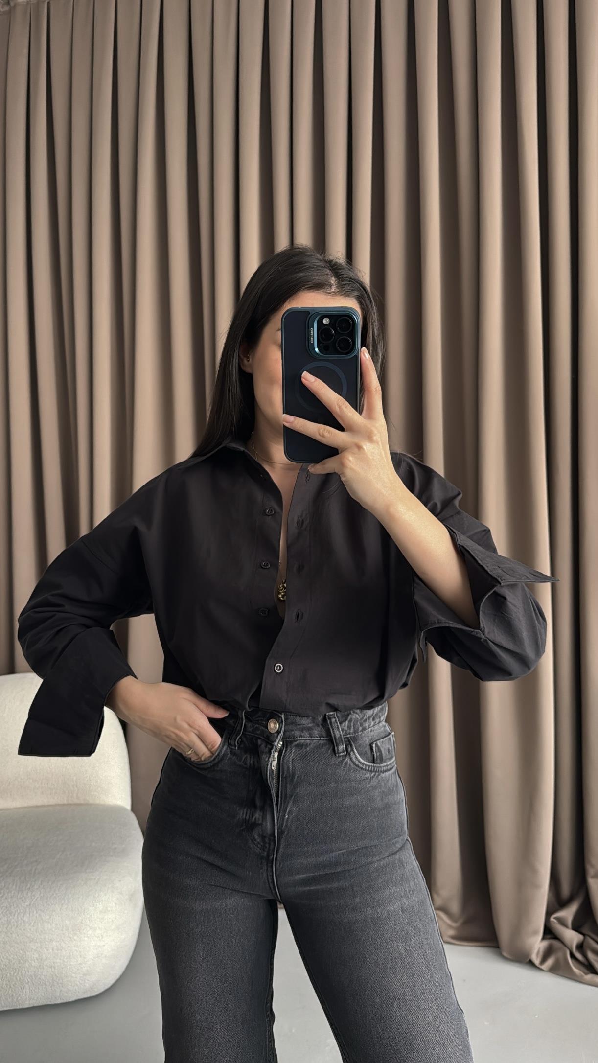 Siyah Oversize Poplin Gömlek 