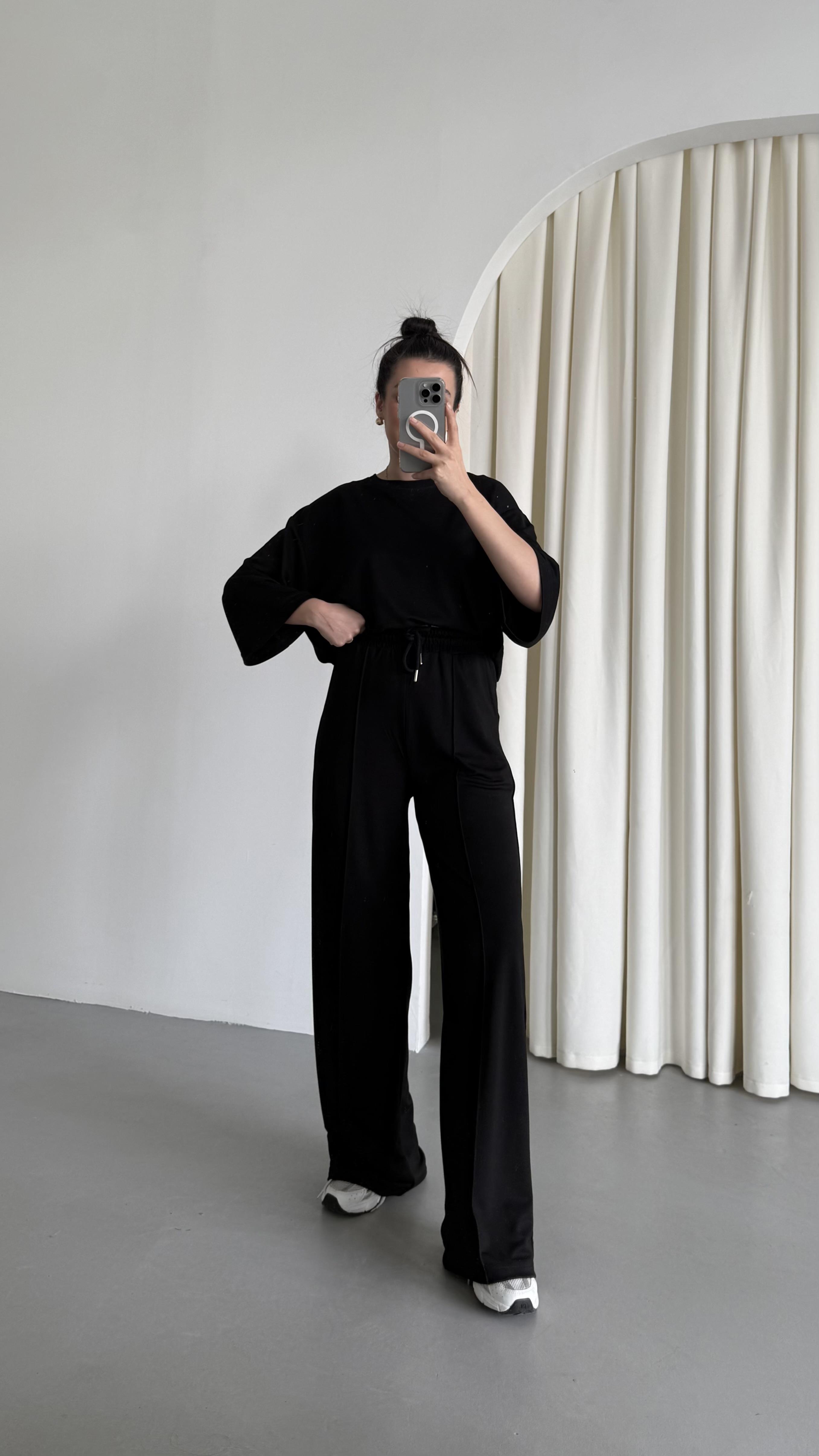 Siyah Oysh Kumaş Oversize Palazzo Takım