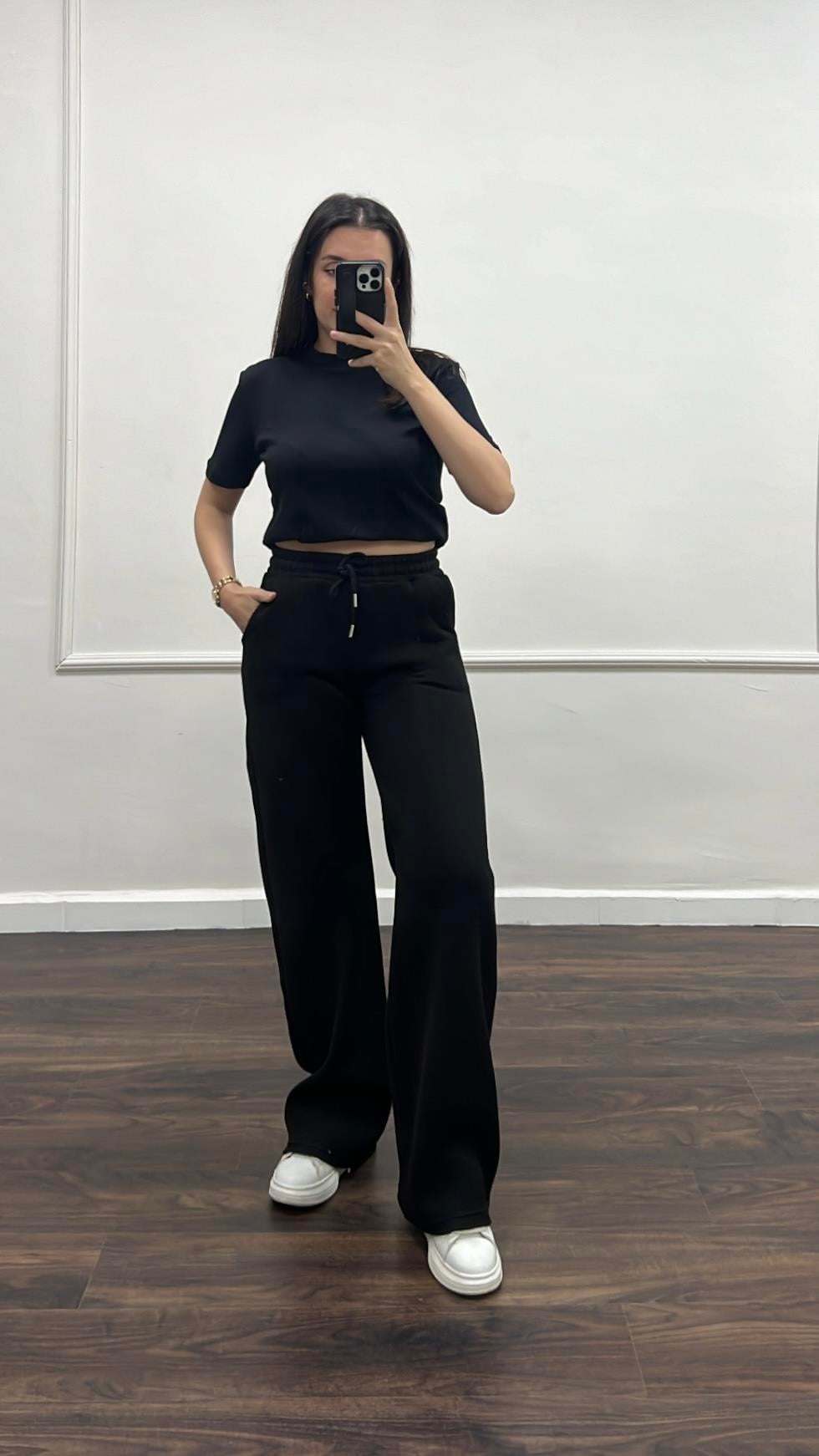 Siyah Pamuklu Şardonlu Palazzo Eşofman Altı