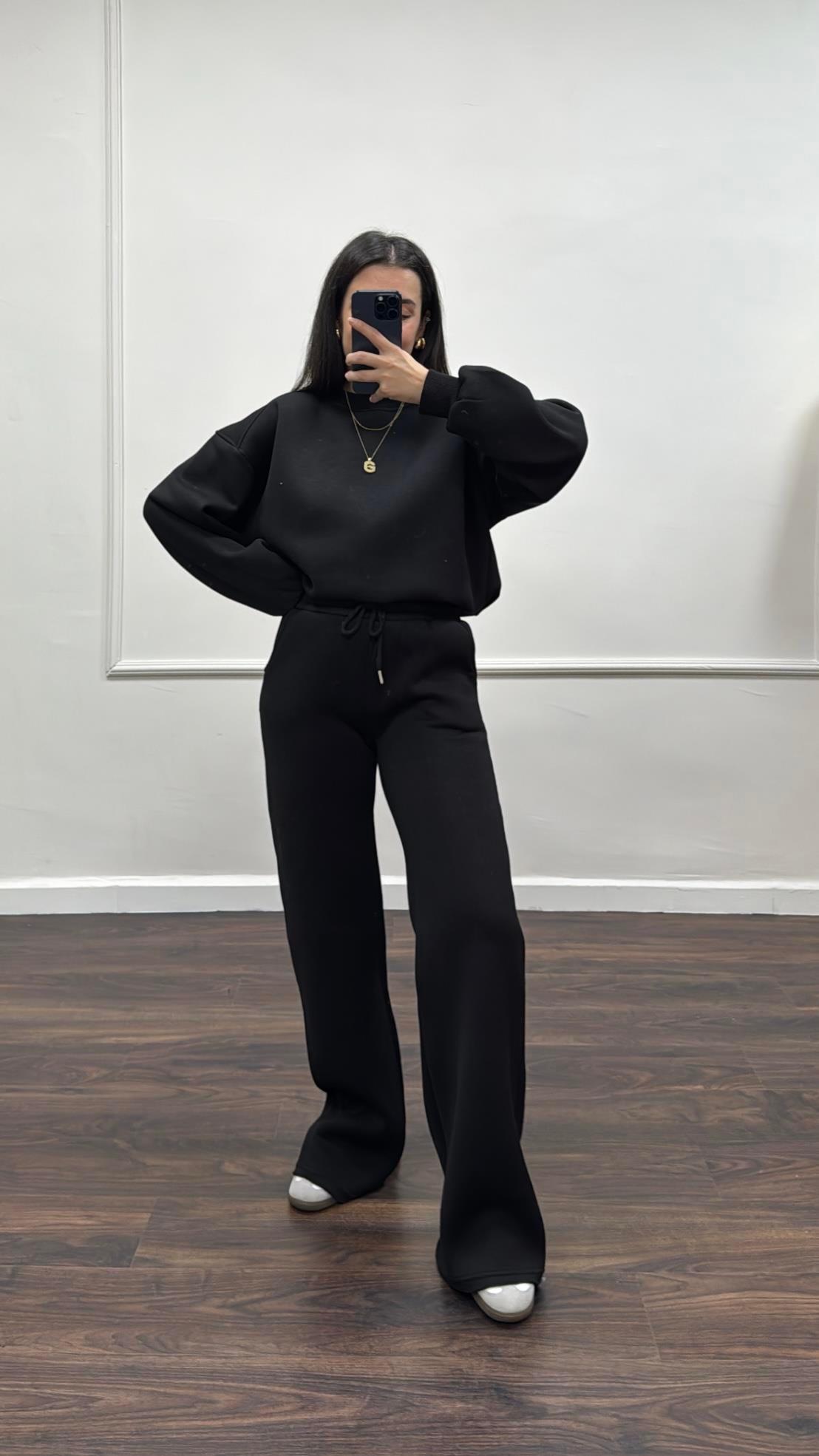 Siyah Pamuklu Sweatshirt ve Pantolon Takım