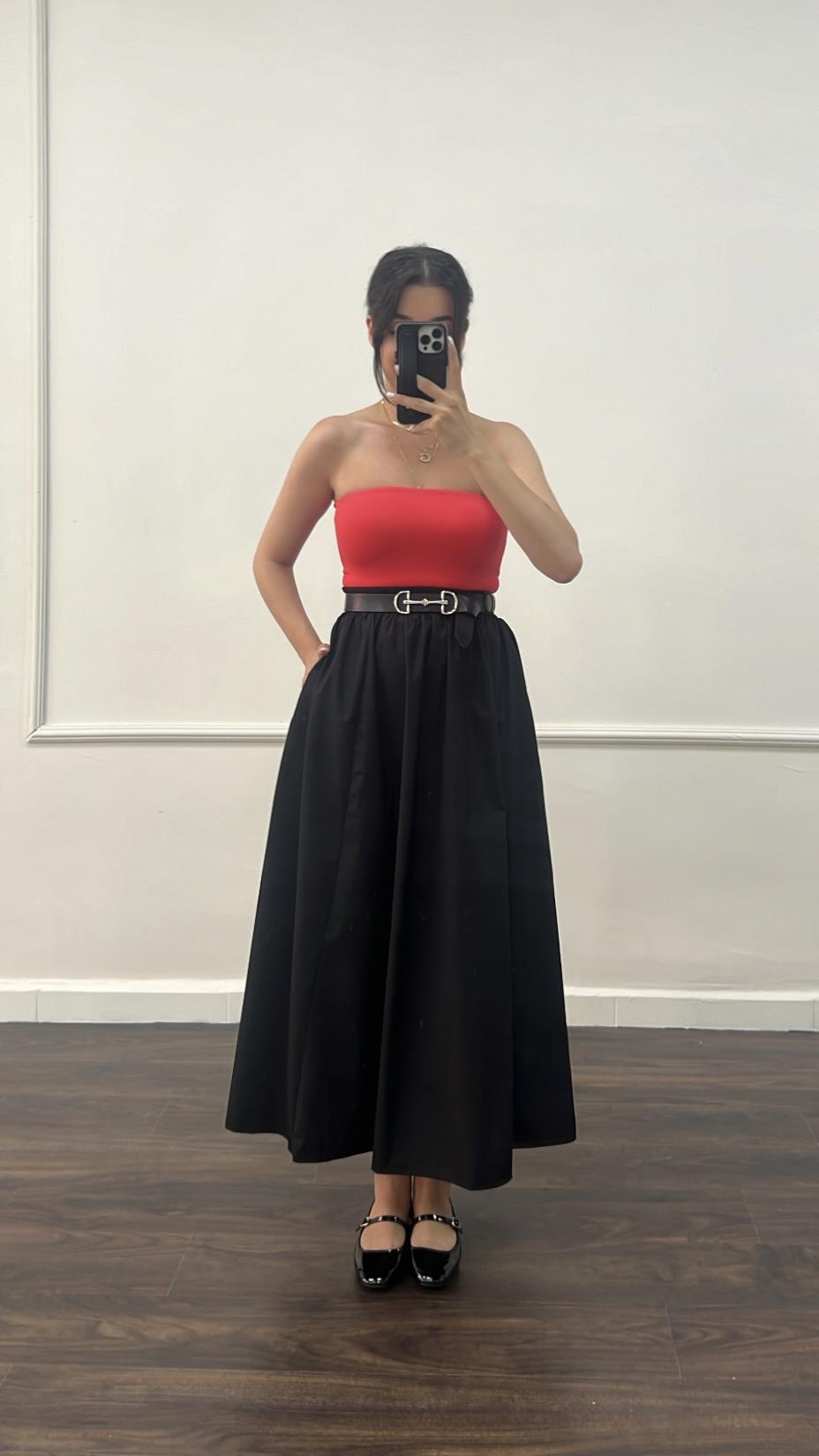 Siyah Poplin Cepli Midi Etek