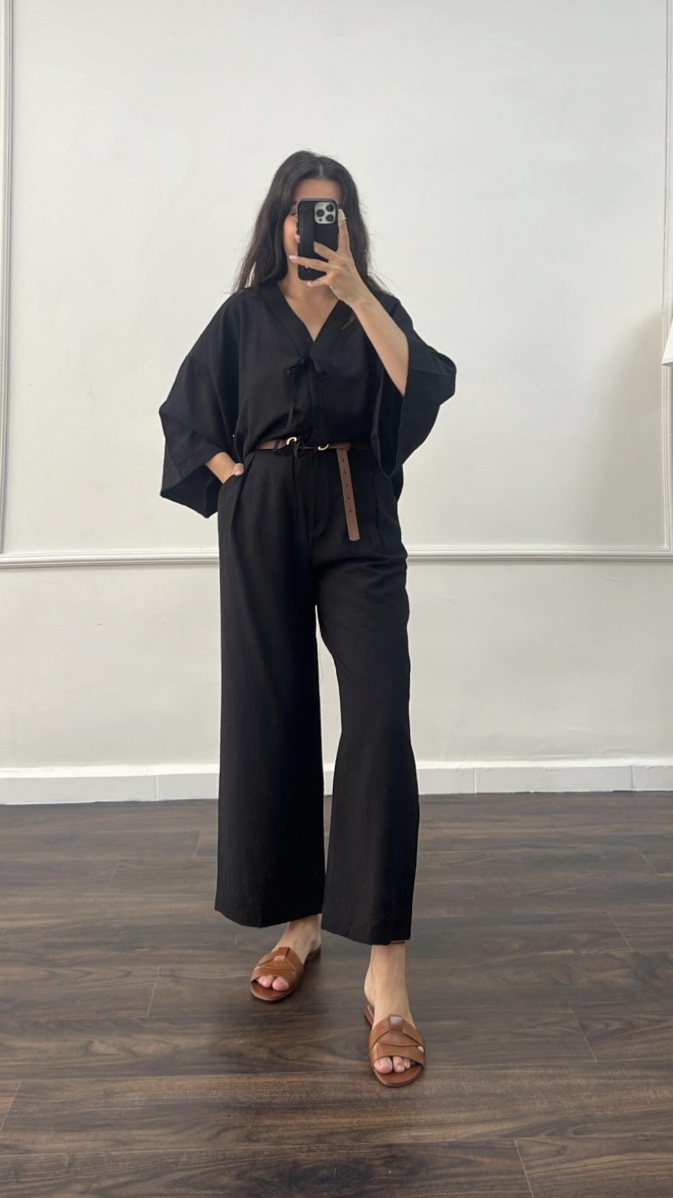 Siyah Premium Bağlamalı Kimono Pantolon Takım
