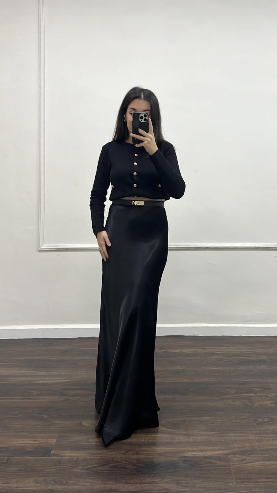 Siyah Premıum Maxi Saten Etek