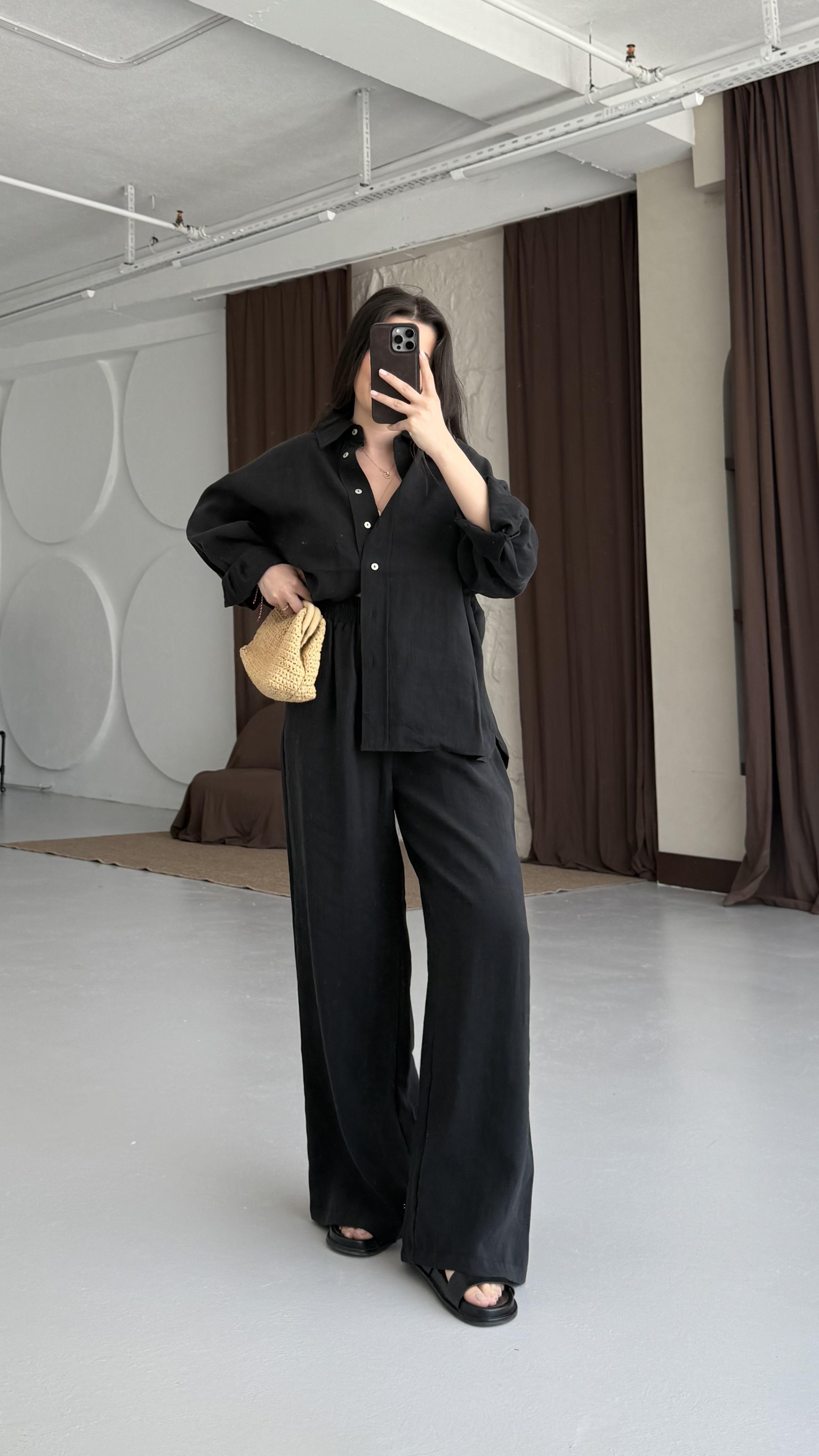 Siyah Premıum Tensel Gömlek Palazzo Takım