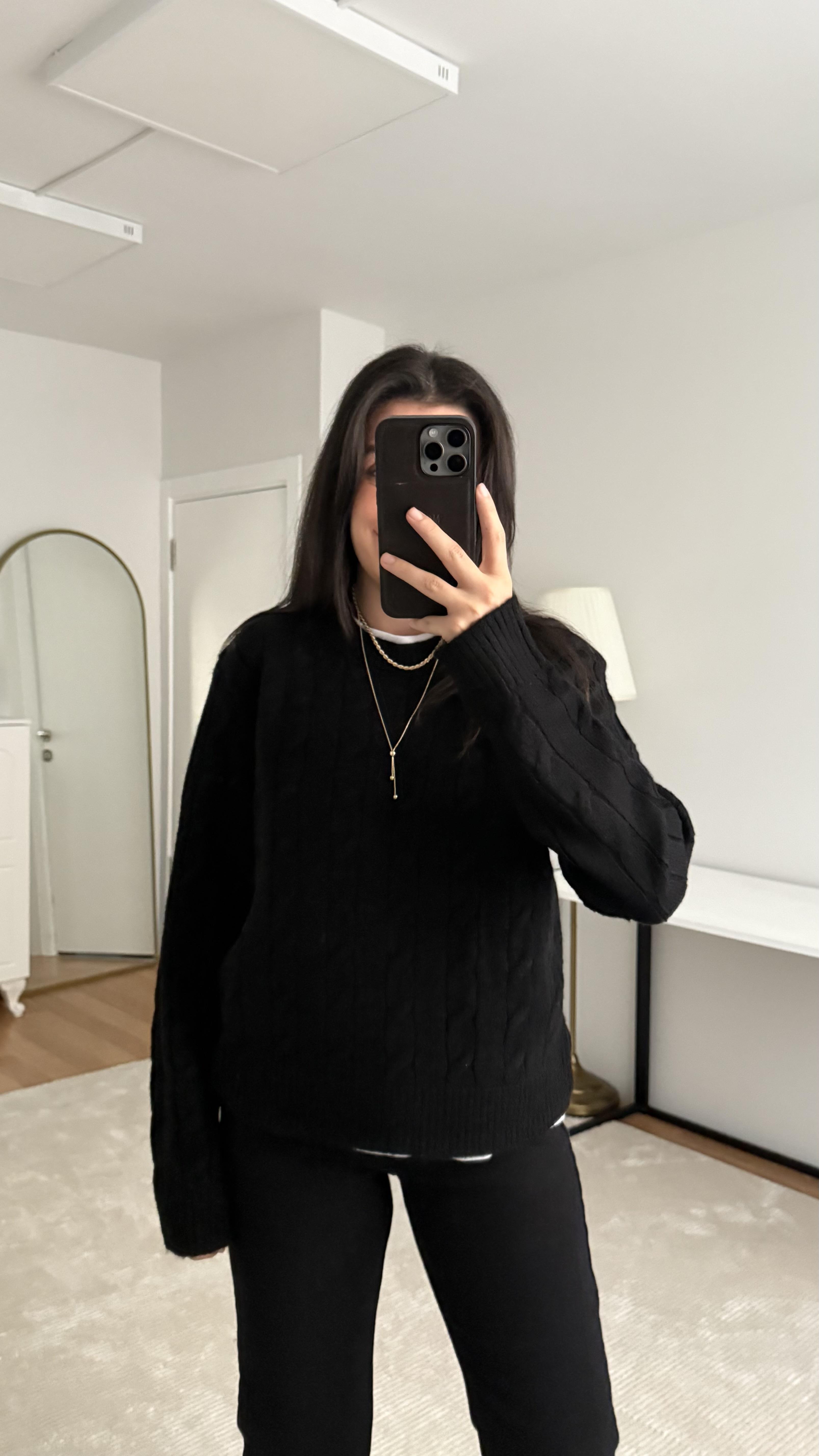 Siyah Saç Örgü Premıum Triko Kazak