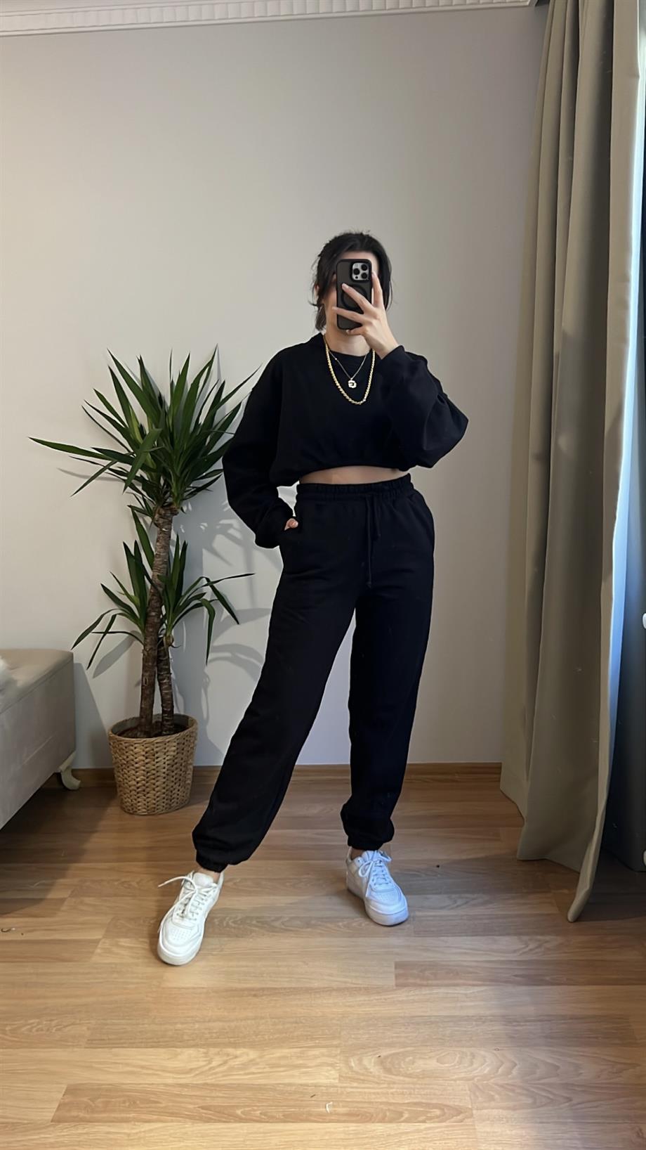 SİYAH ŞARDONLU CROP TAKIM